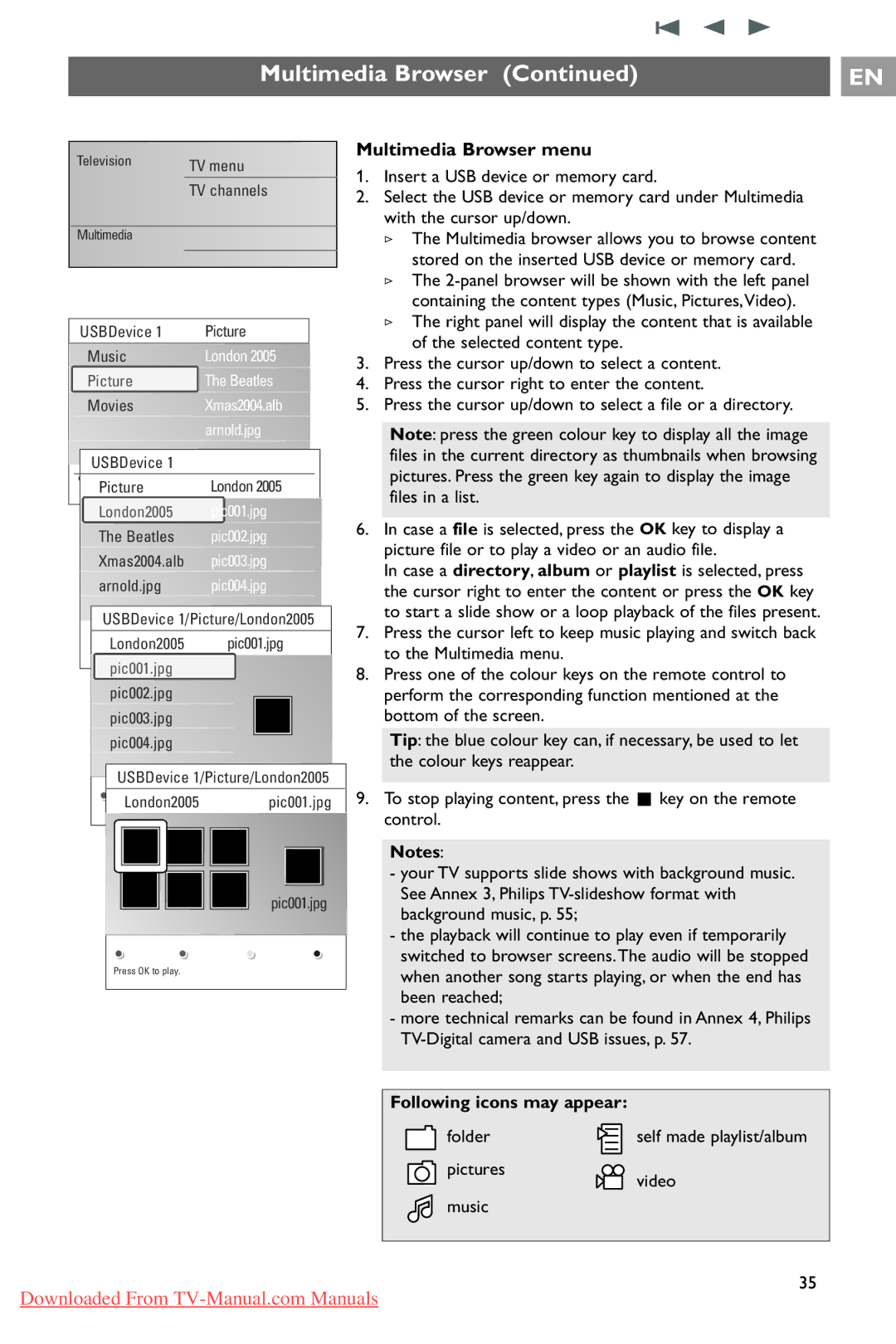 Philips 37PF9731/69 instruction manual Multimedia Browser menu, Following icons may appear 