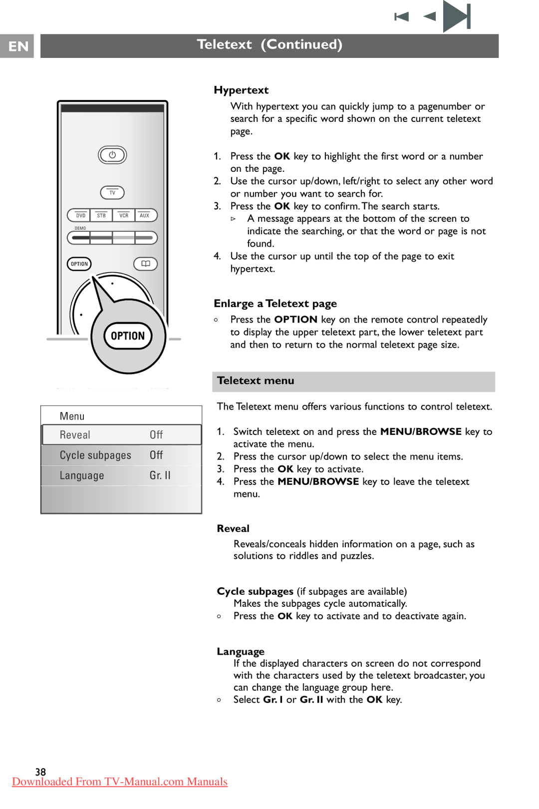 Philips 37PF9731/69 instruction manual Hypertext, Enlarge a Teletext, Teletext menu, Reveal, Language 