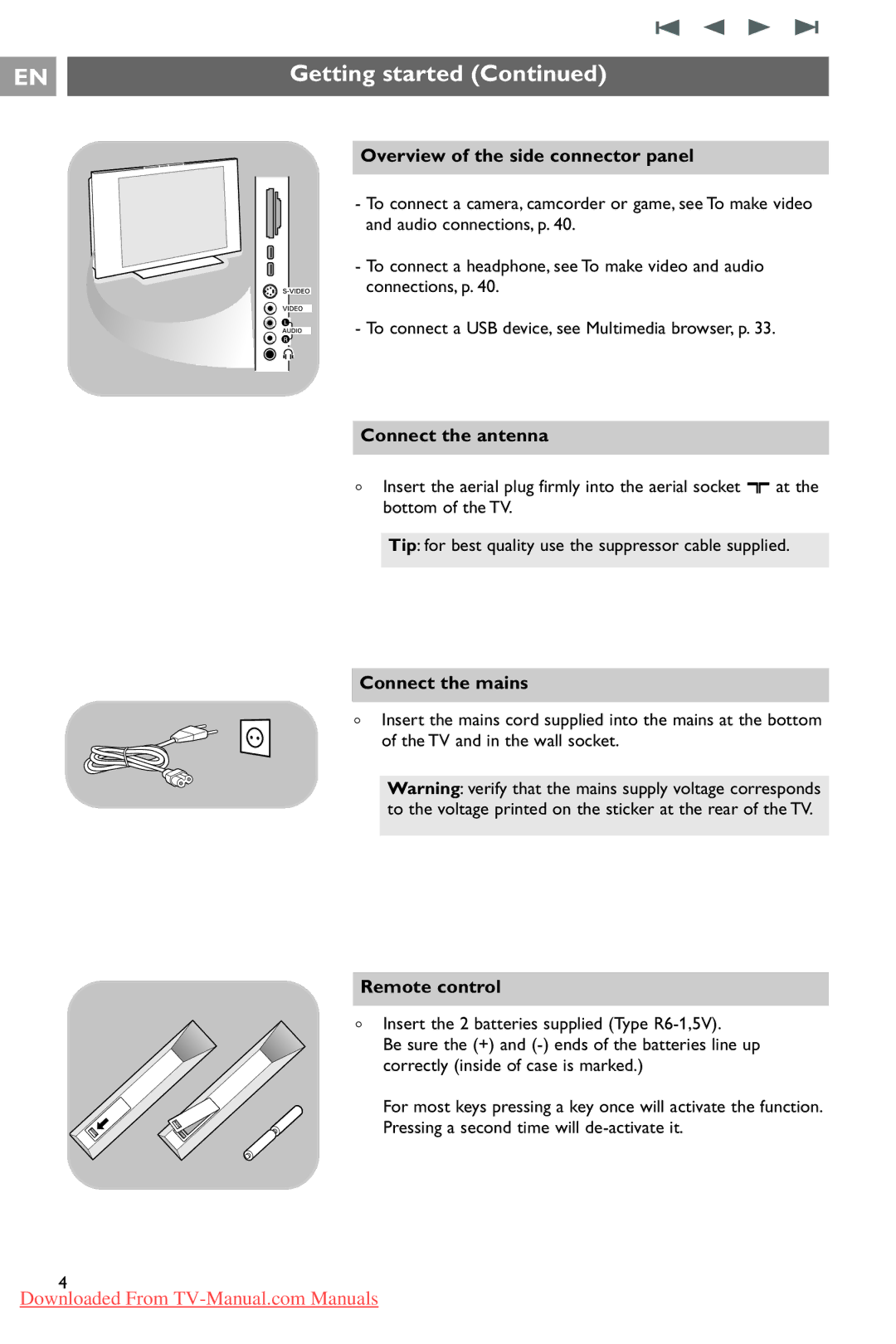 Philips 37PF9731/69 Overview of the side connector panel, Connect the antenna, Connect the mains, Remote control 