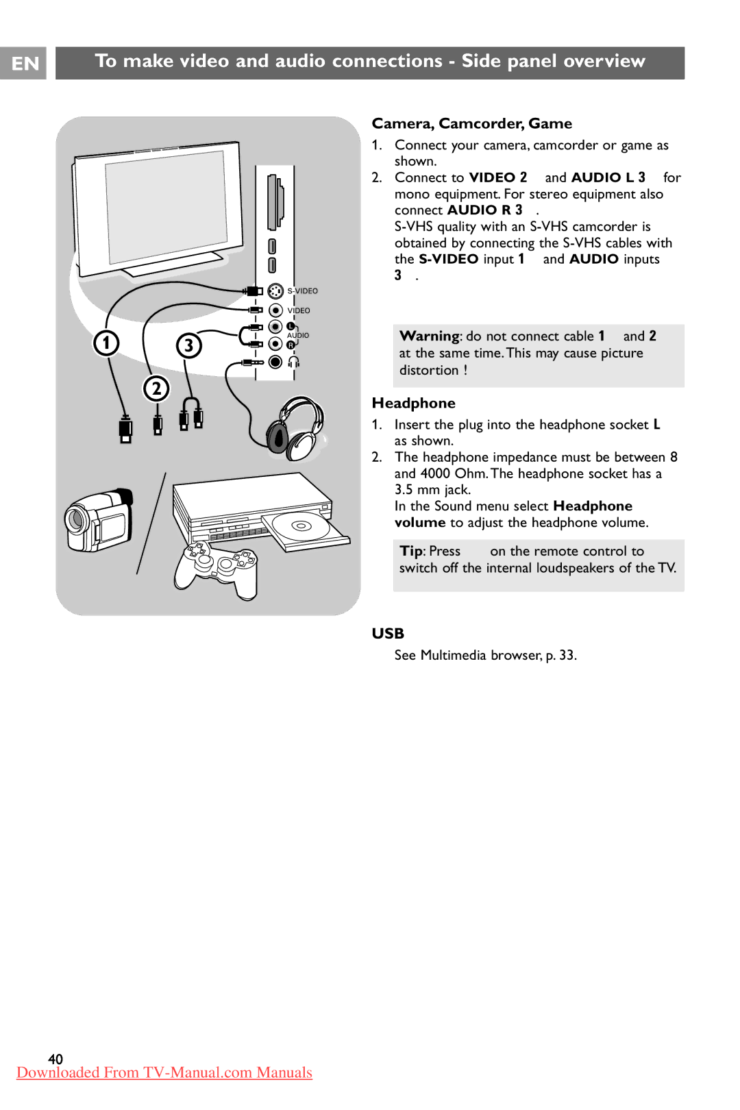 Philips 37PF9731/69 To make video and audio connections Side panel overview, Camera, Camcorder, Game, Headphone 