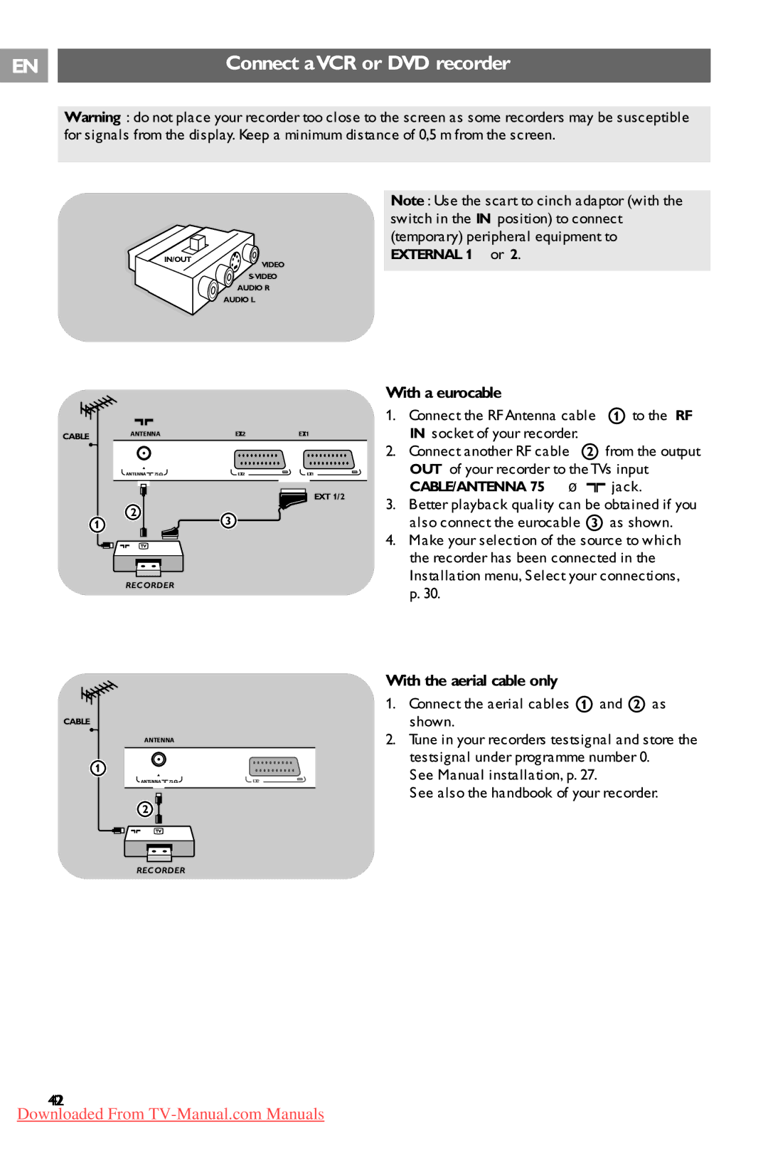 Philips 37PF9731/69 instruction manual Connect a VCR or DVD recorder, With a eurocable, With the aerial cable only 