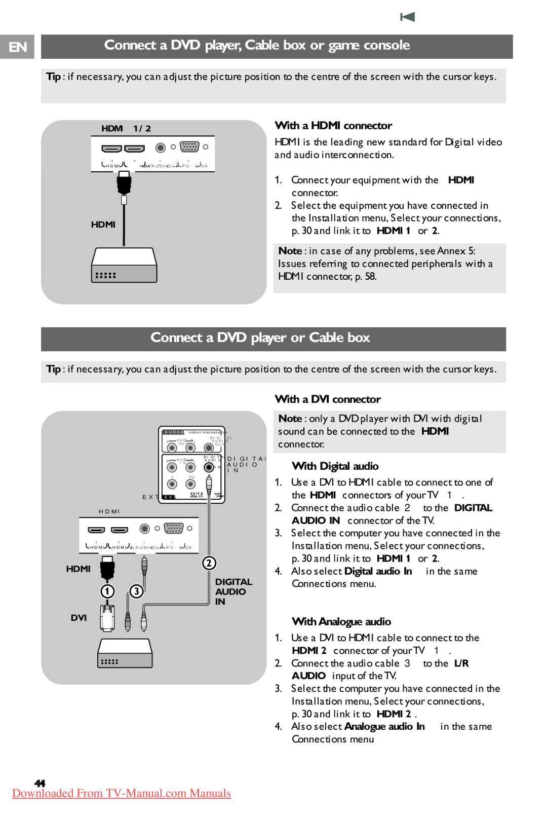 Philips 37PF9731/69 instruction manual Connect a DVD player or Cable box, Connect a DVD player, Cable box or game console 