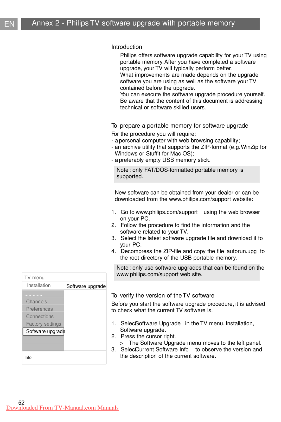 Philips 37PF9731/69 Annex 2 Philips TV software upgrade with portable memory, To verify the version of the TV software 