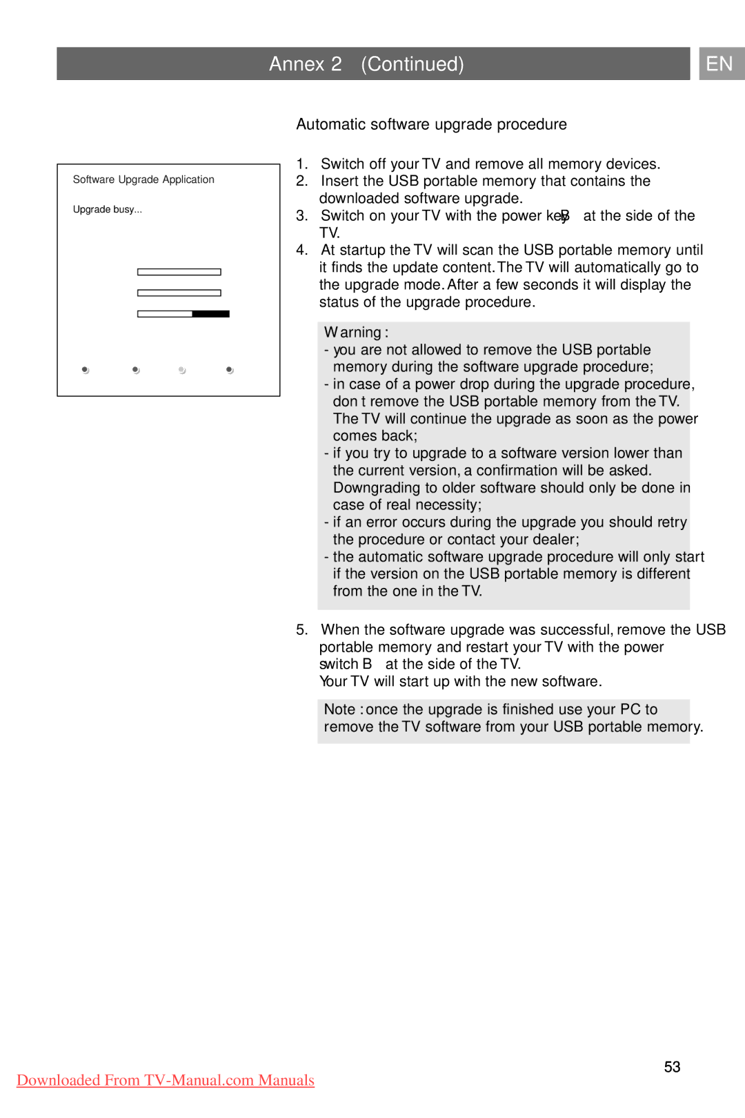 Philips 37PF9731/69 instruction manual Annex, Automatic software upgrade procedure 