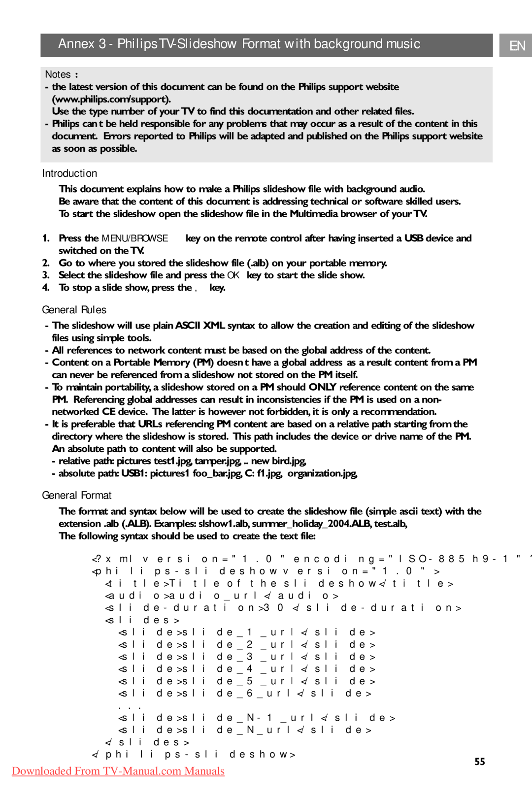 Philips 37PF9731/69 Annex 3 Philips TV-Slideshow Format with background music, General Rules, General Format 