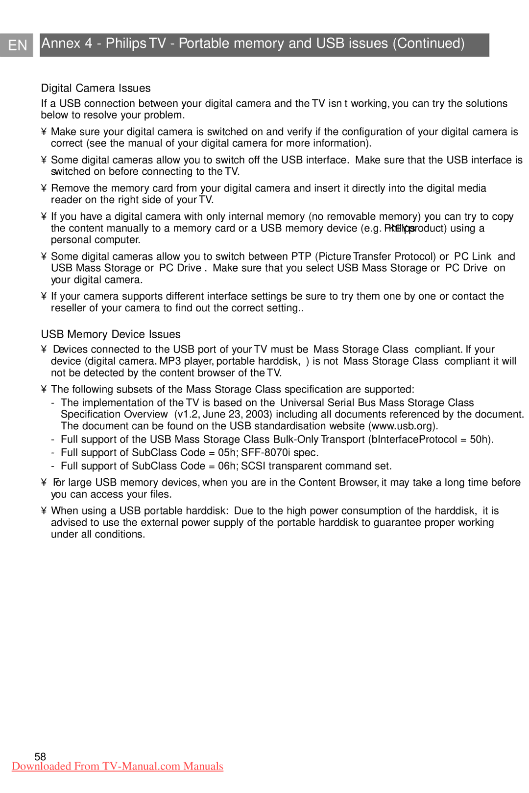Philips 37PF9731/69 EN Annex 4 Philips TV Portable memory and USB issues, Digital Camera Issues, USB Memory Device Issues 