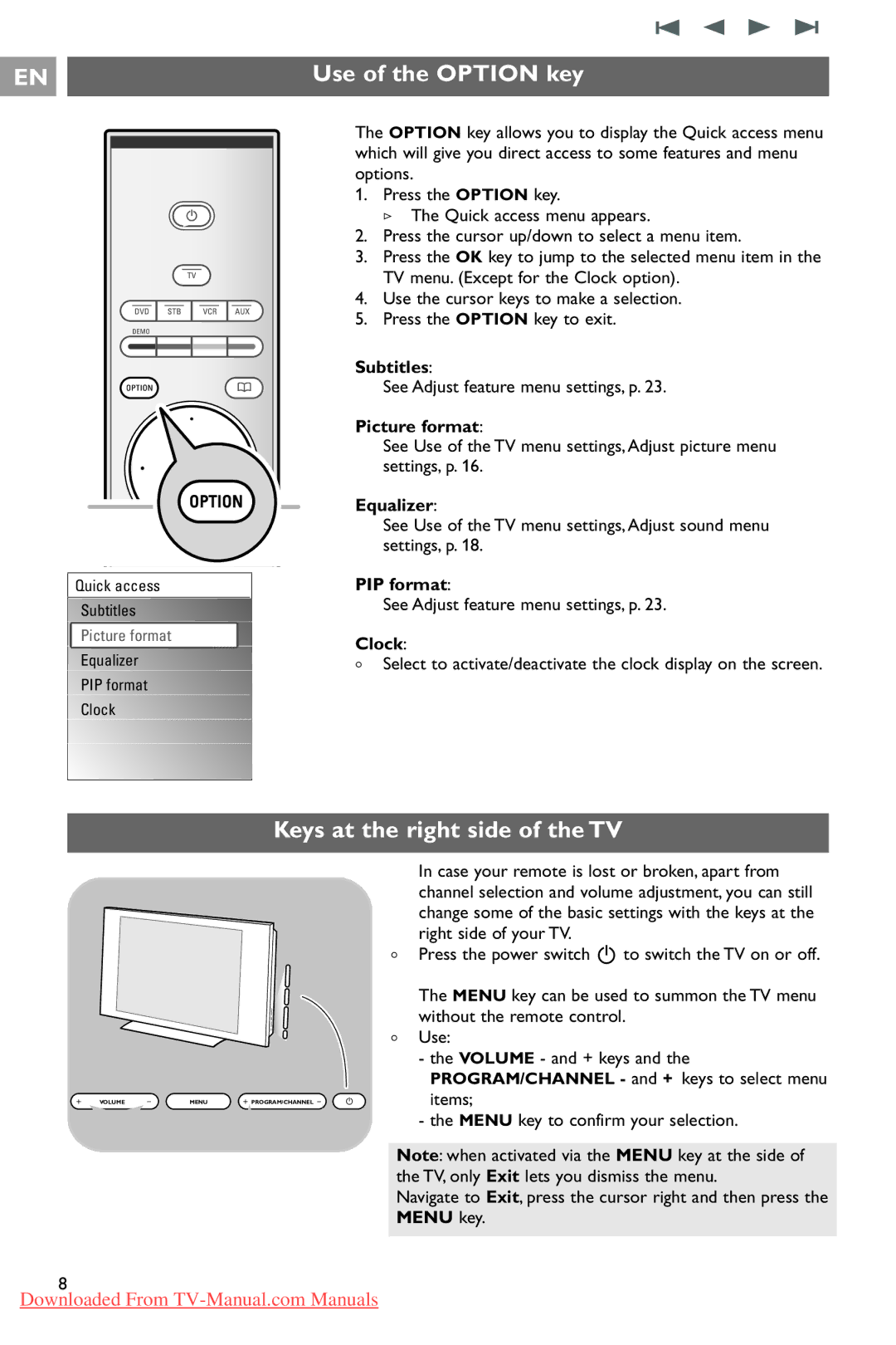 Philips 37PF9731/69 instruction manual Use of the Option key, Keys at the right side of the TV 