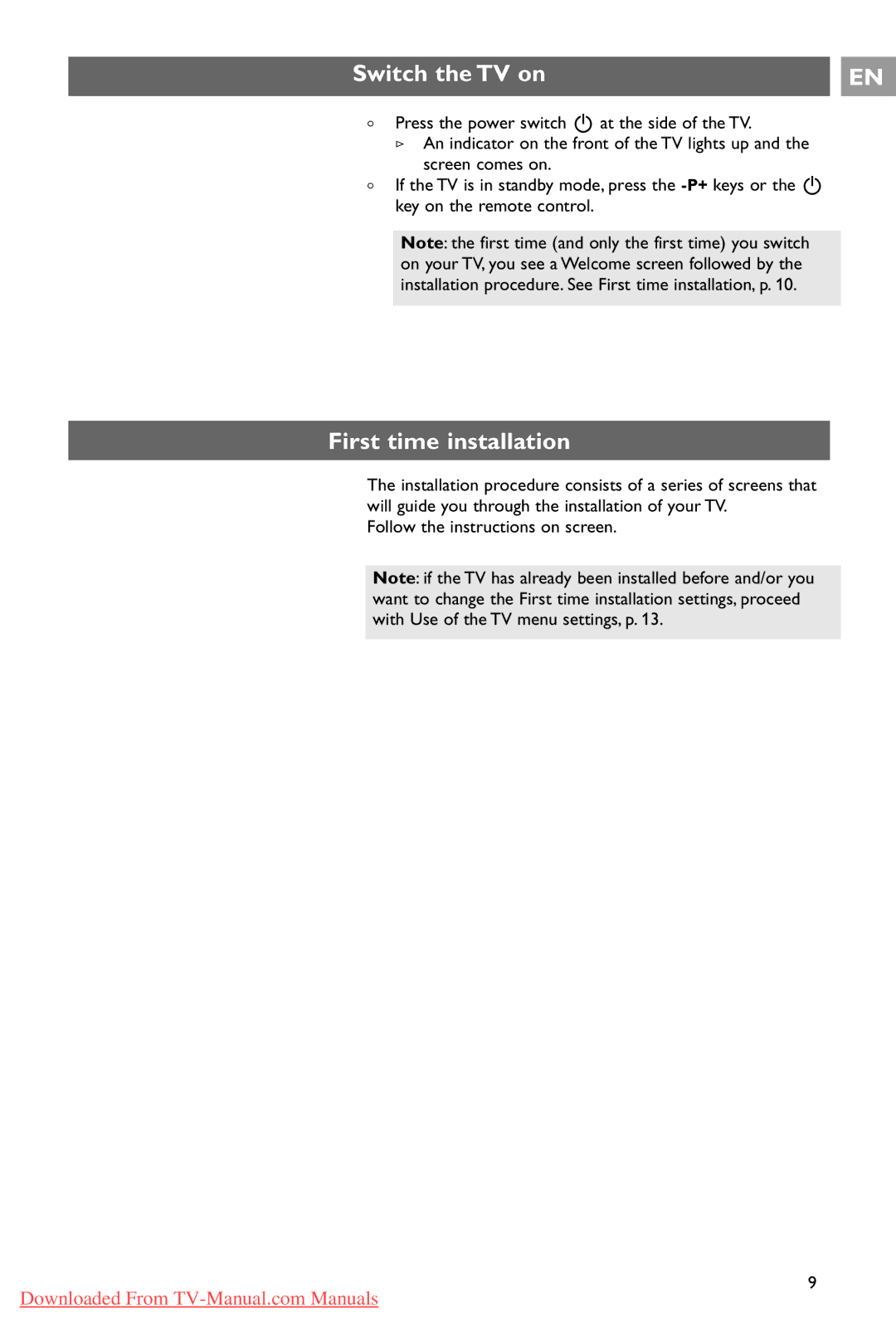 Philips 37PF9731/69 instruction manual Switch the TV on, First time installation, Follow the instructions on screen 