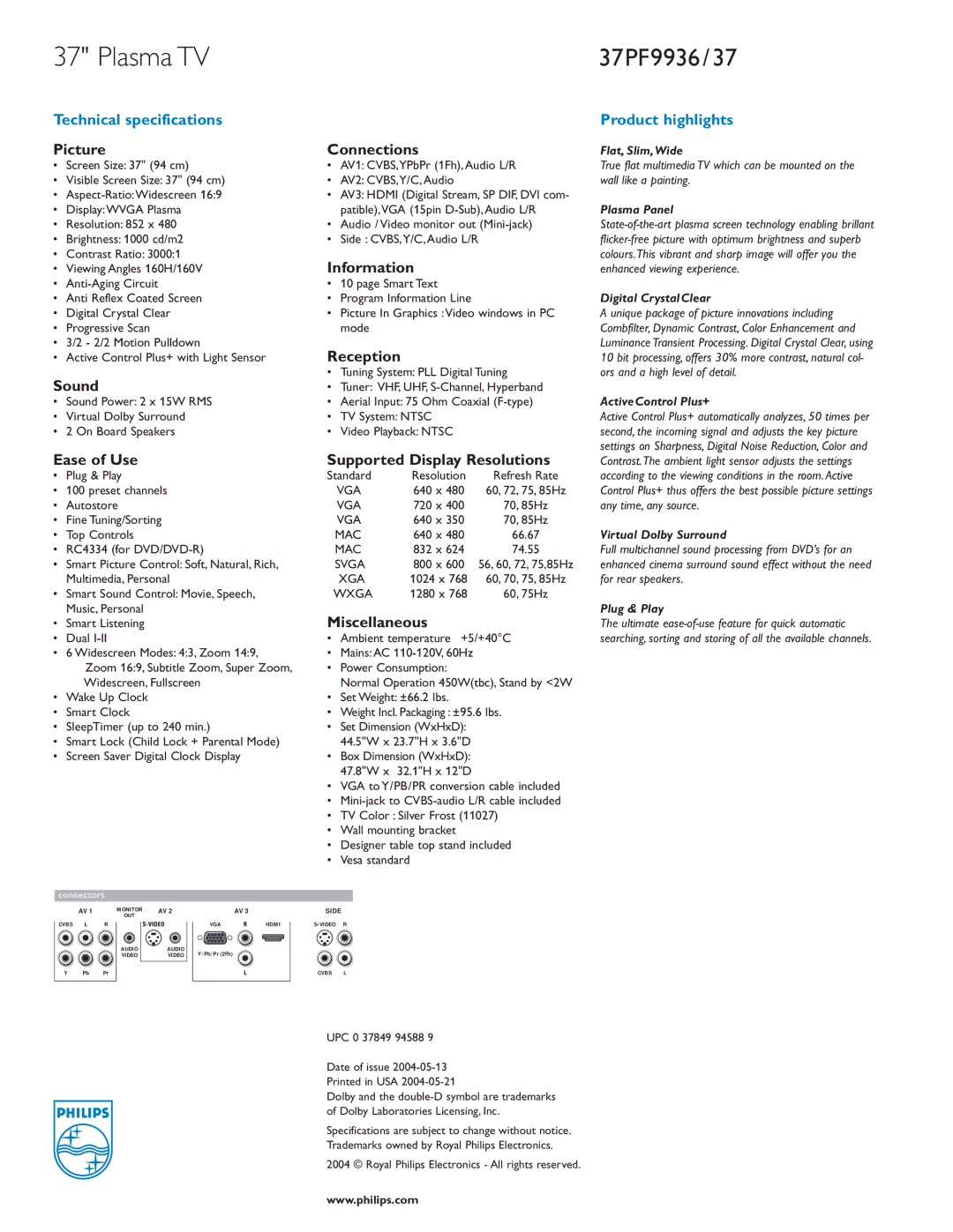 Philips 37PF9936/37 manual Picture Connections, Information, Reception, Sound, Ease of Use Supported Display Resolutions 