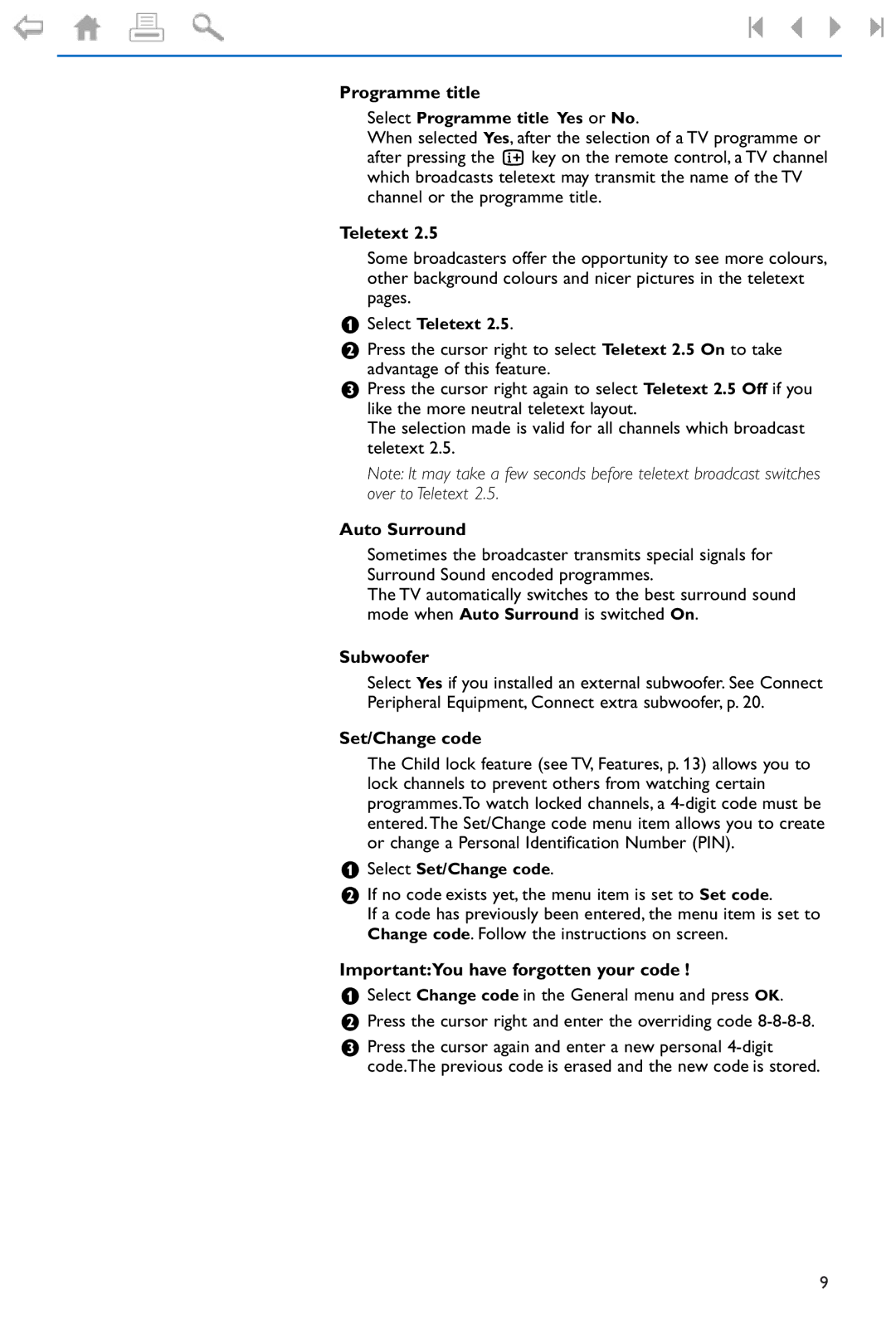 Philips 37PF9975 manual Programme title, Auto Surround, Subwoofer, Set/Change code, ImportantYou have forgotten your code 