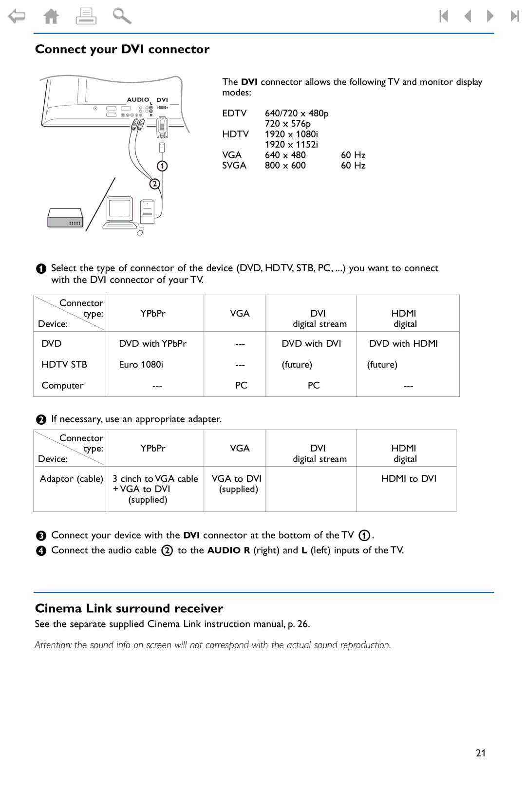 Philips 37PF9975 manual Connect your DVI connector, Cinema Link surround receiver, If necessary, use an appropriate adapter 