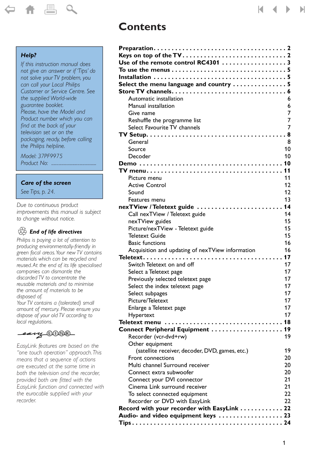 Philips 37PF9975 manual Contents 