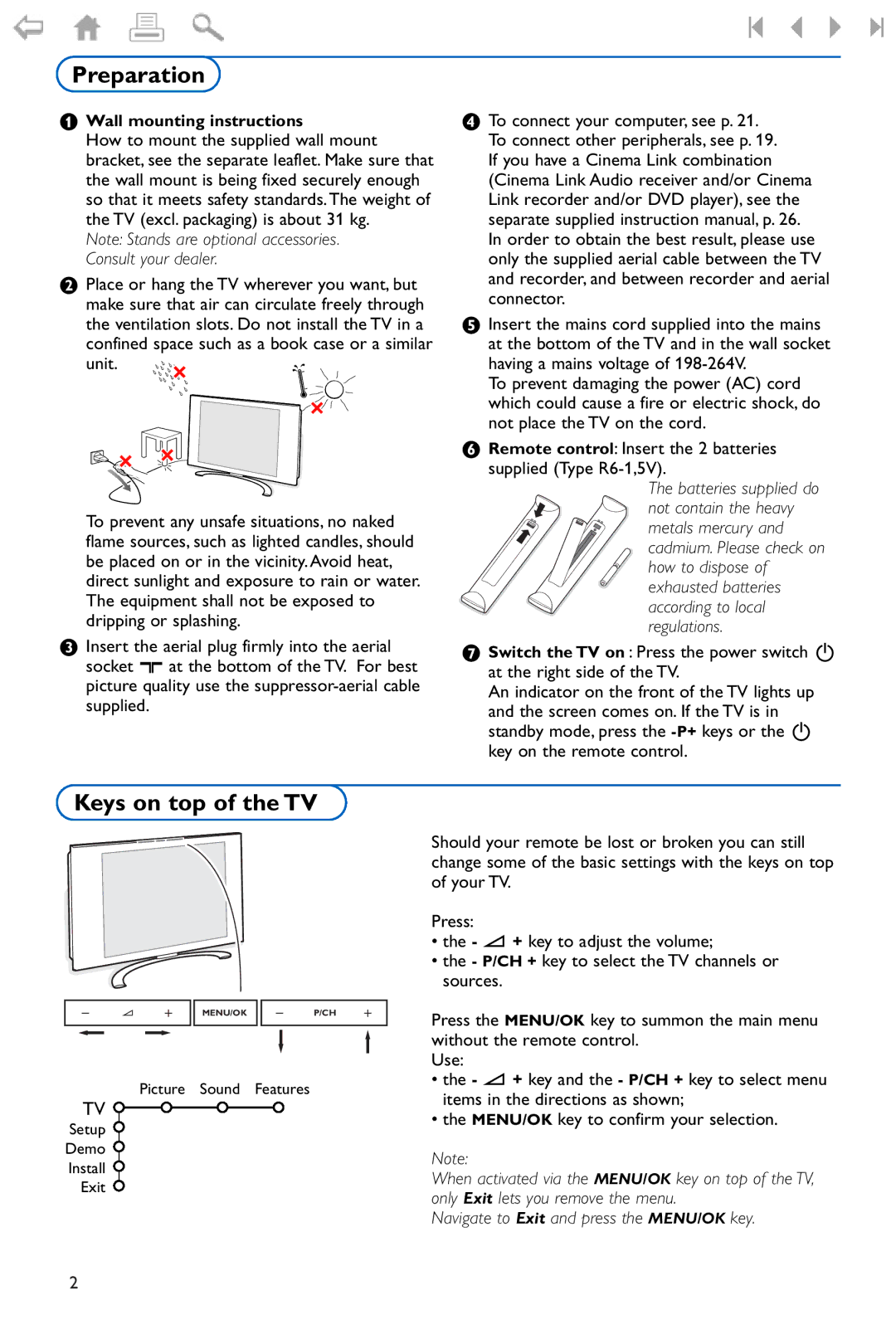 Philips 37PF9975 manual Preparation, Keys on top of the TV, Wall mounting instructions 