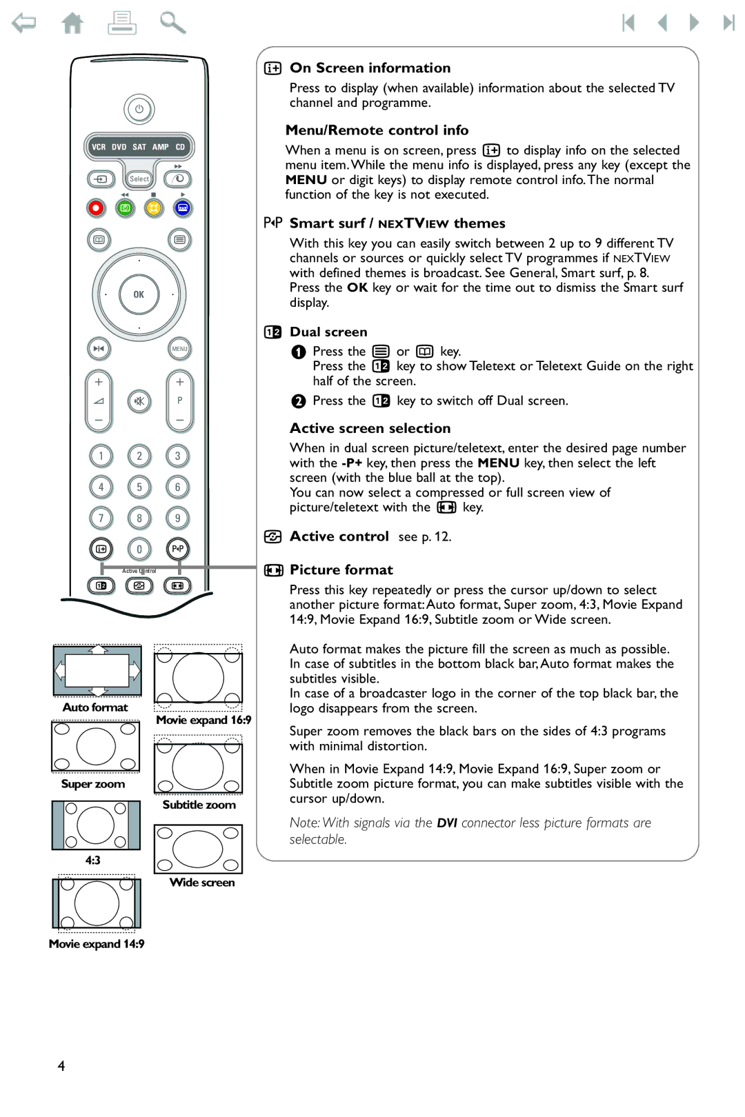 Philips 37PF9975 On Screen information, Menu/Remote control info, Smart surf / Nextview themes, Active screen selection 