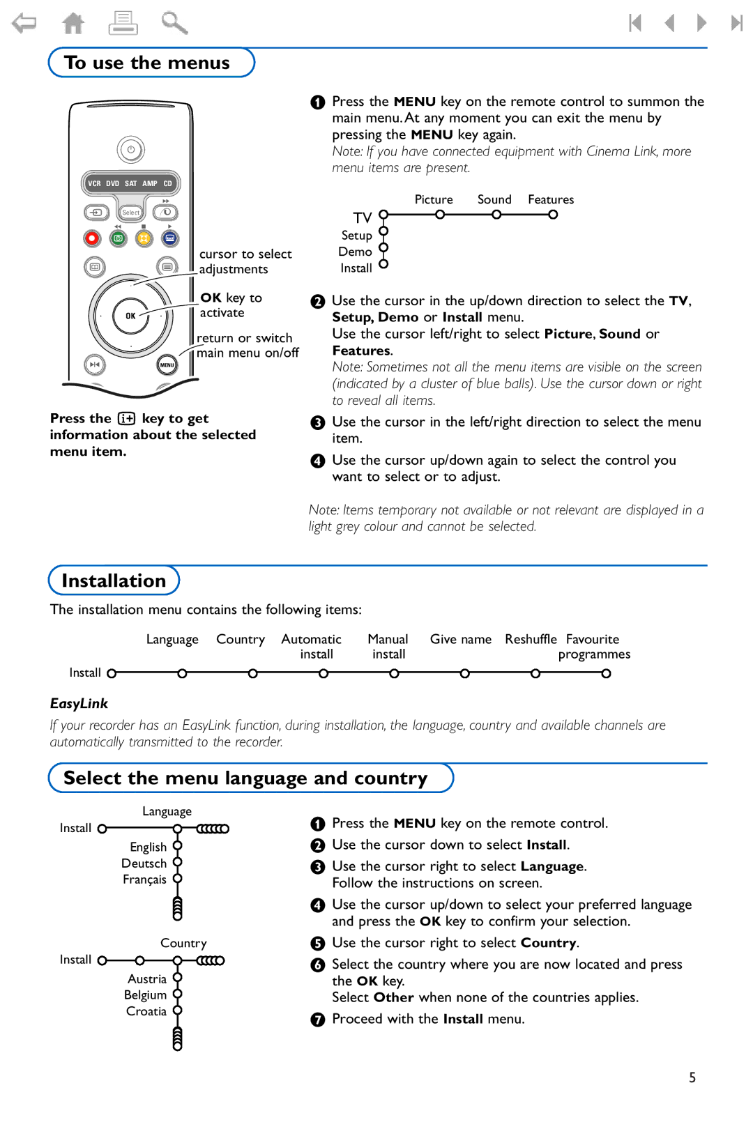 Philips 37PF9975 manual To use the menus, Installation, Select the menu language and country 