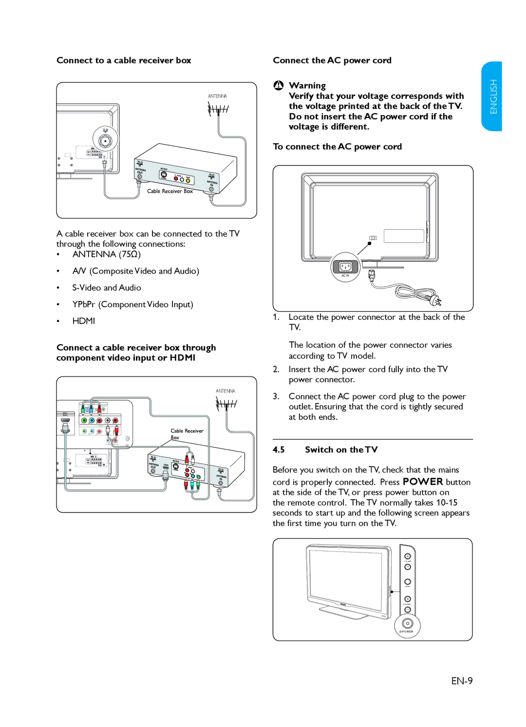 Philips 37PFL3403 user manual EN-9, Connect to a cable receiver box, Connect the AC power cord, Switch on the TV 