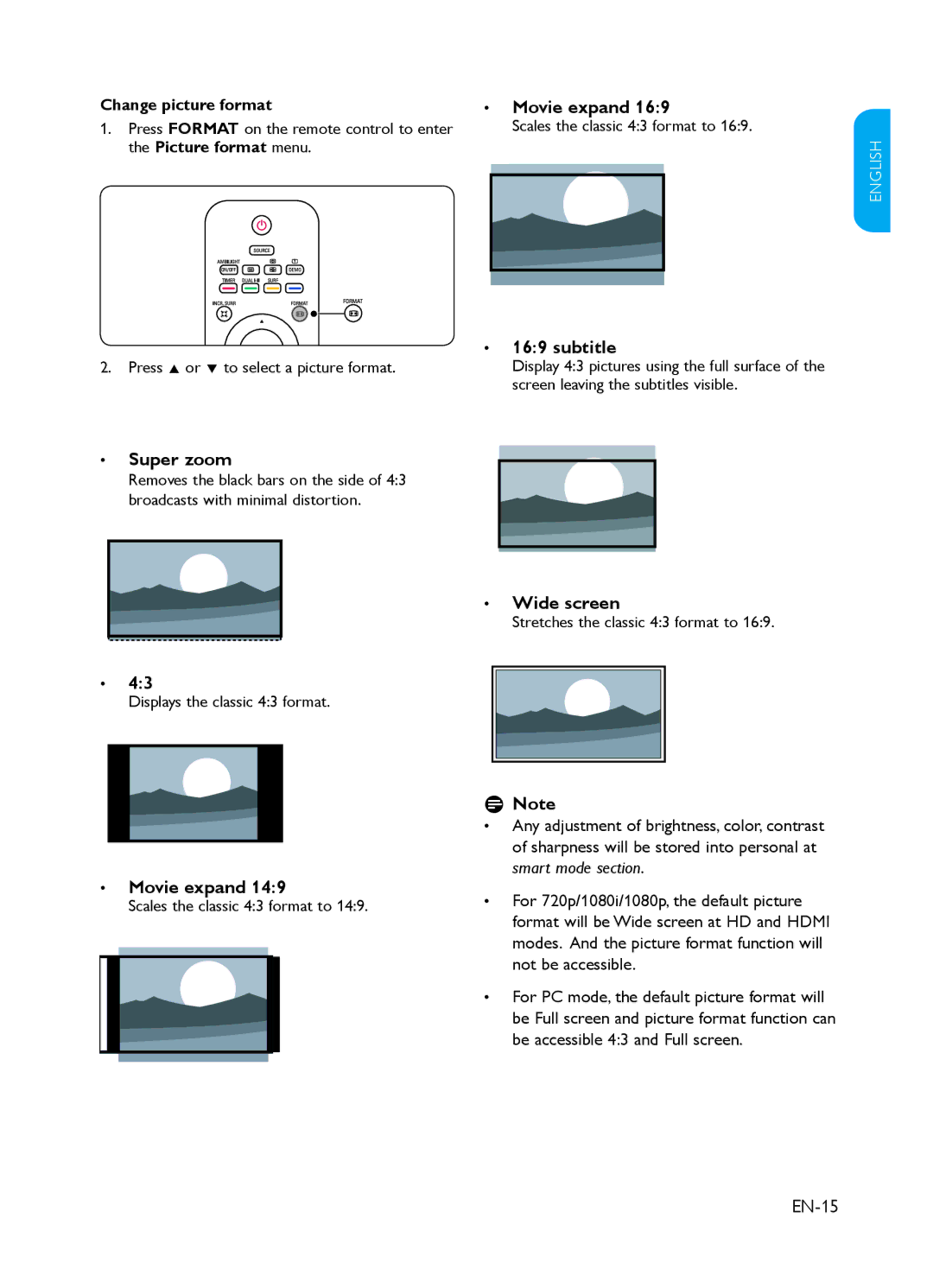 Philips 37PFL3403 user manual Movie expand, Super zoom, Subtitle, Wide screen, EN-15 