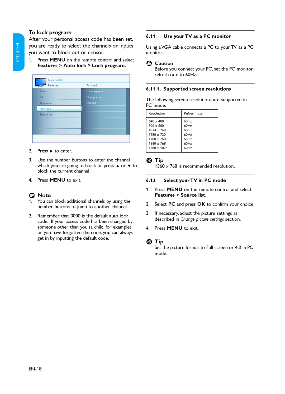 Philips 37PFL3403 user manual To lock program, Use your TV as a PC monitor, BB Caution, Supported screen resolutions 