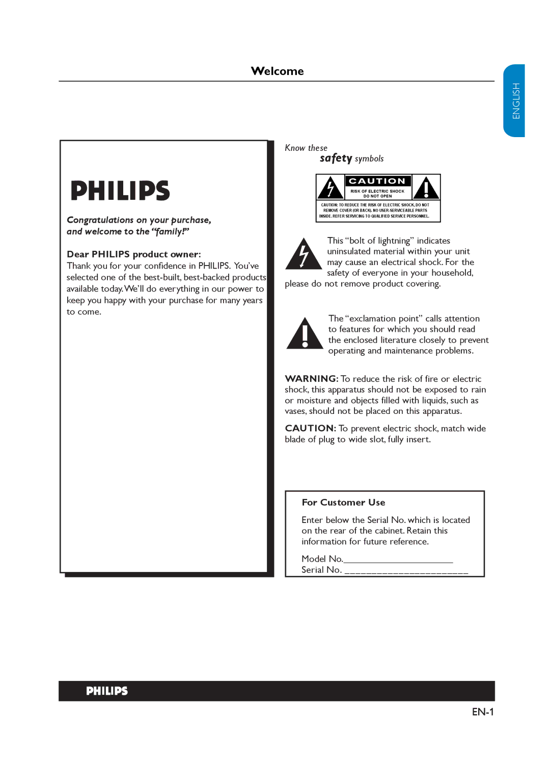 Philips 37PFL3403 user manual EN-1, Dear Philips product owner, Please do not remove product covering, For Customer Use 