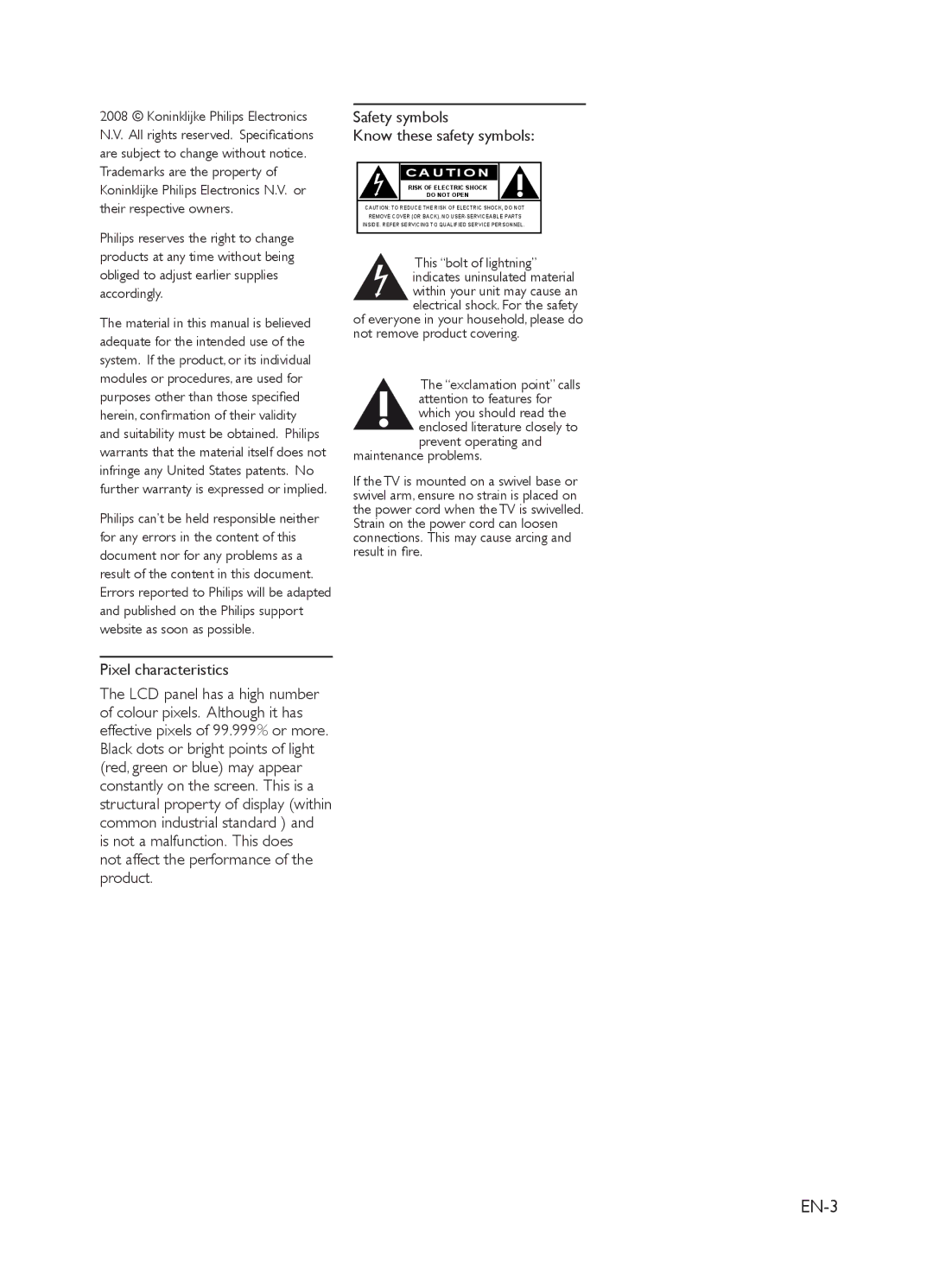 Philips 37PFL3403 user manual EN-3, Pixel characteristics 