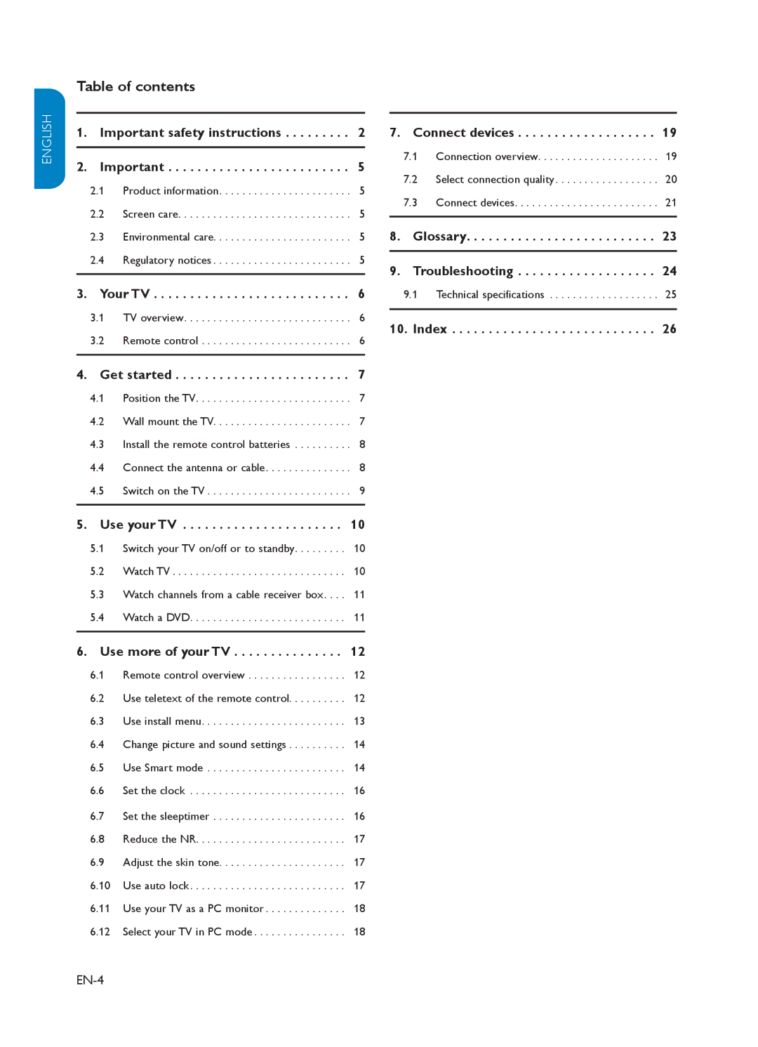 Philips 37PFL3403 user manual Table of contents 