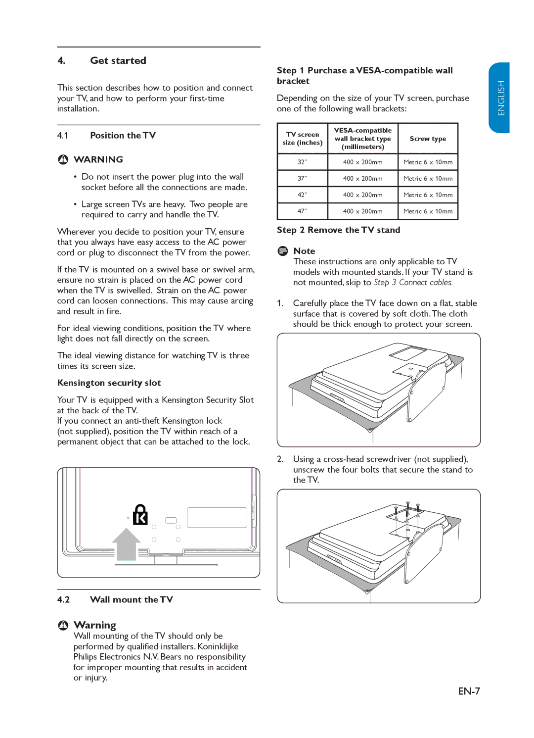 Philips 37PFL3403 user manual Get started, BB Warning, EN-7 