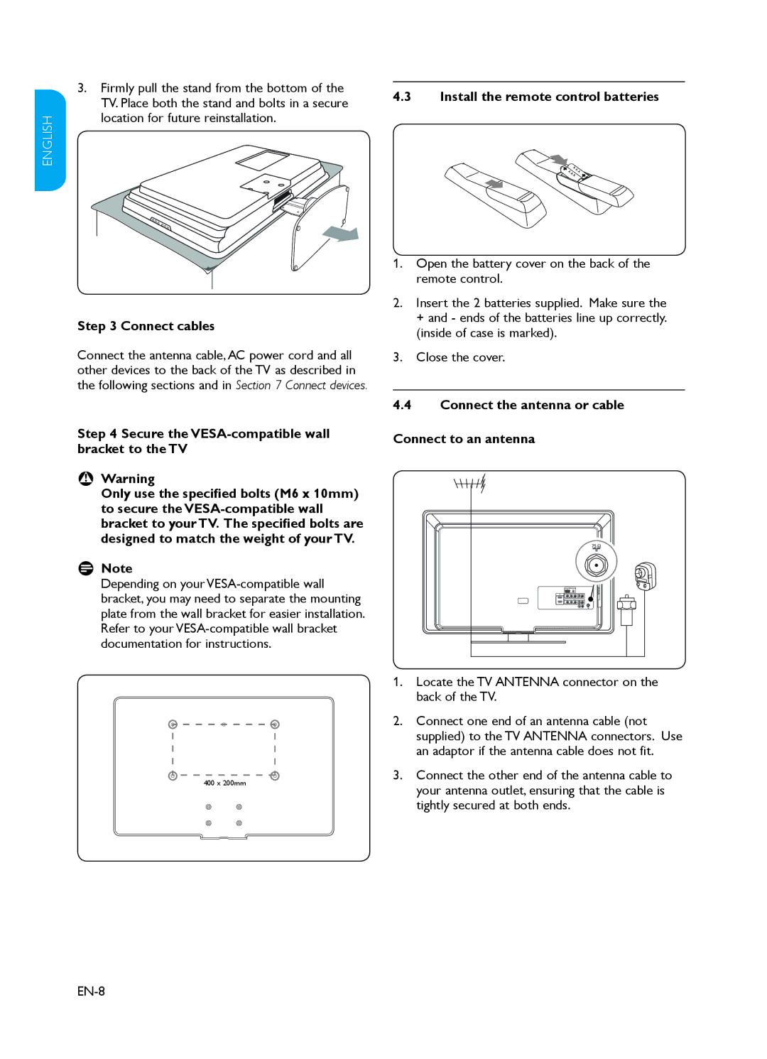 Philips 37PFL3403 Connect cables, Install the remote control batteries, Connect the antenna or cable Connect to an antenna 