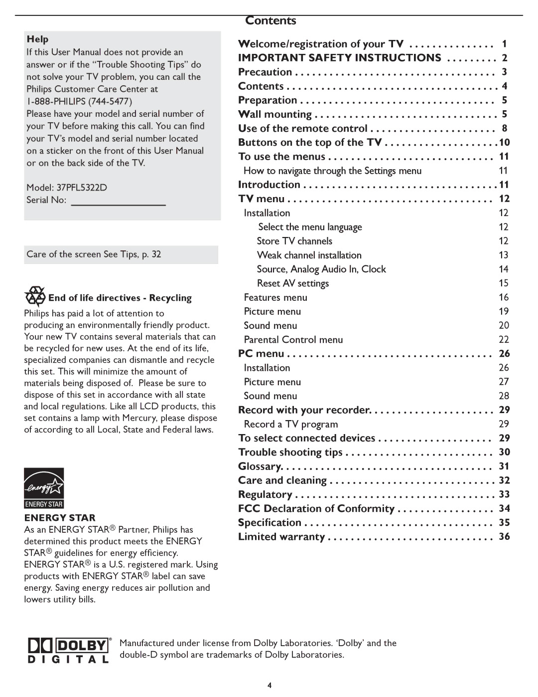 Philips 37PFL5322D manual Contents 