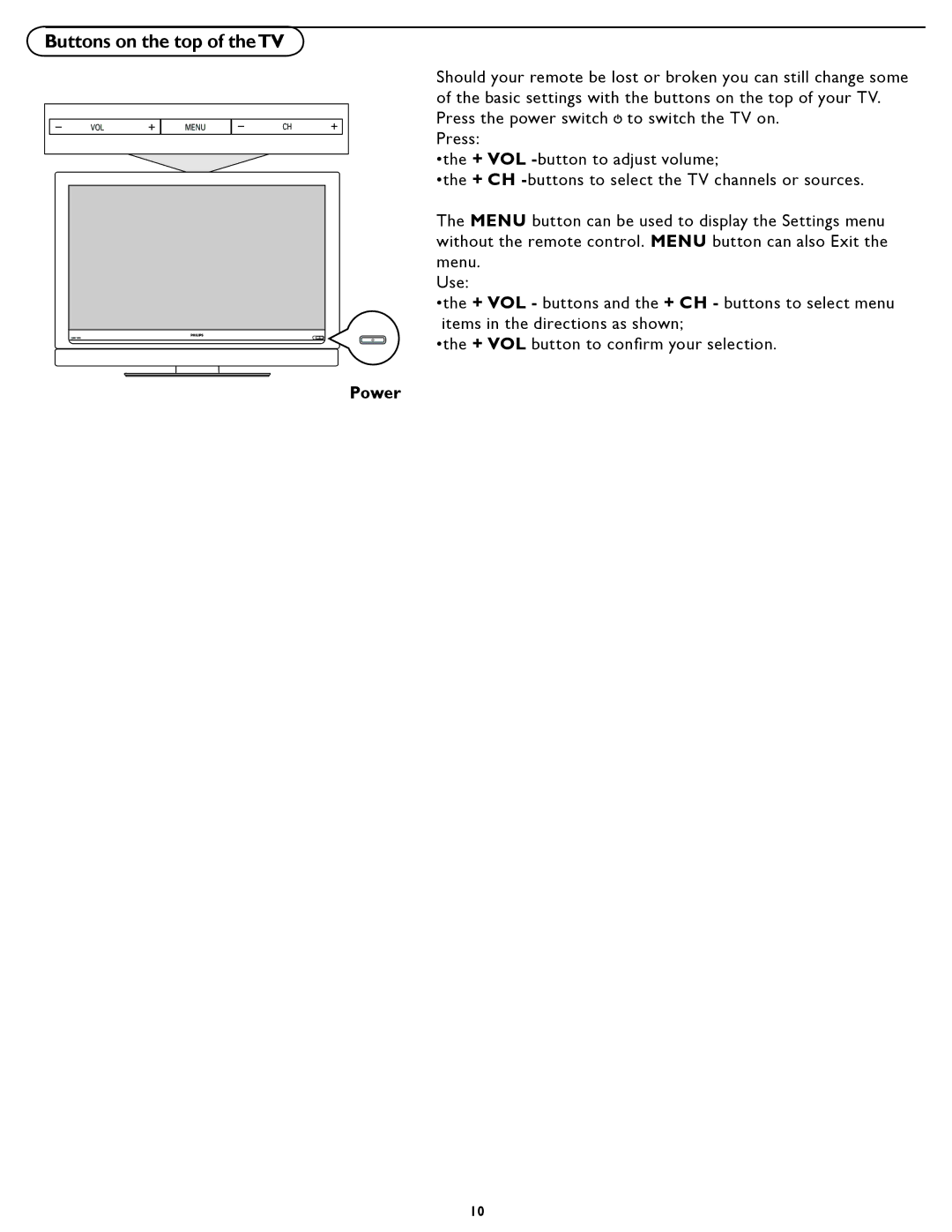 Philips 37PFL5322D manual Buttons on the top of theTV 