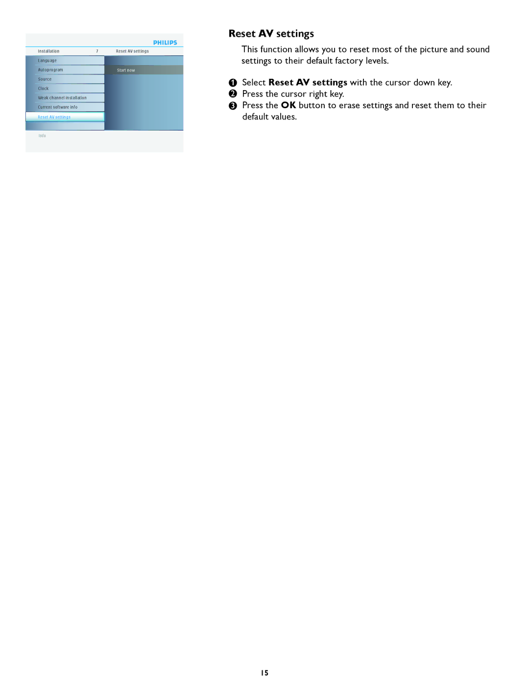Philips 37PFL5322D manual Reset AV settings 
