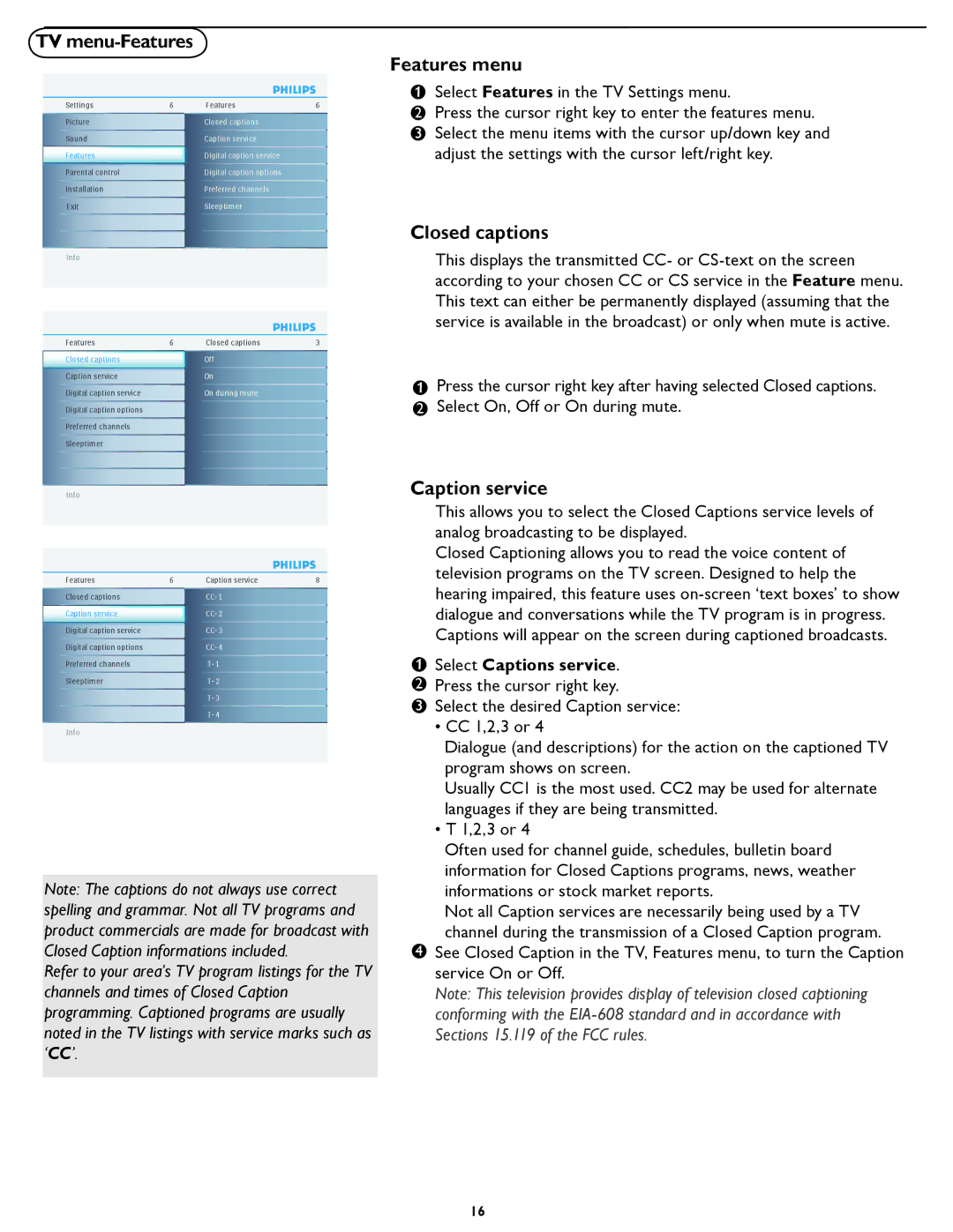 Philips 37PFL5322D manual TV menu-Features, Features menu, Closed captions, Caption service, Select Captions service 