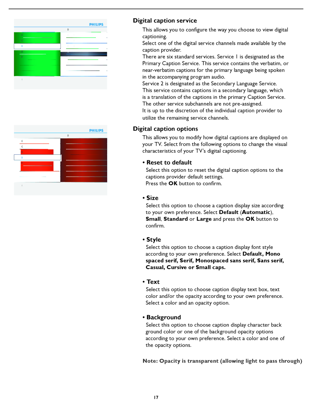 Philips 37PFL5322D manual Digital caption service, Digital caption options, Reset to default, Size, Style, Text, Background 