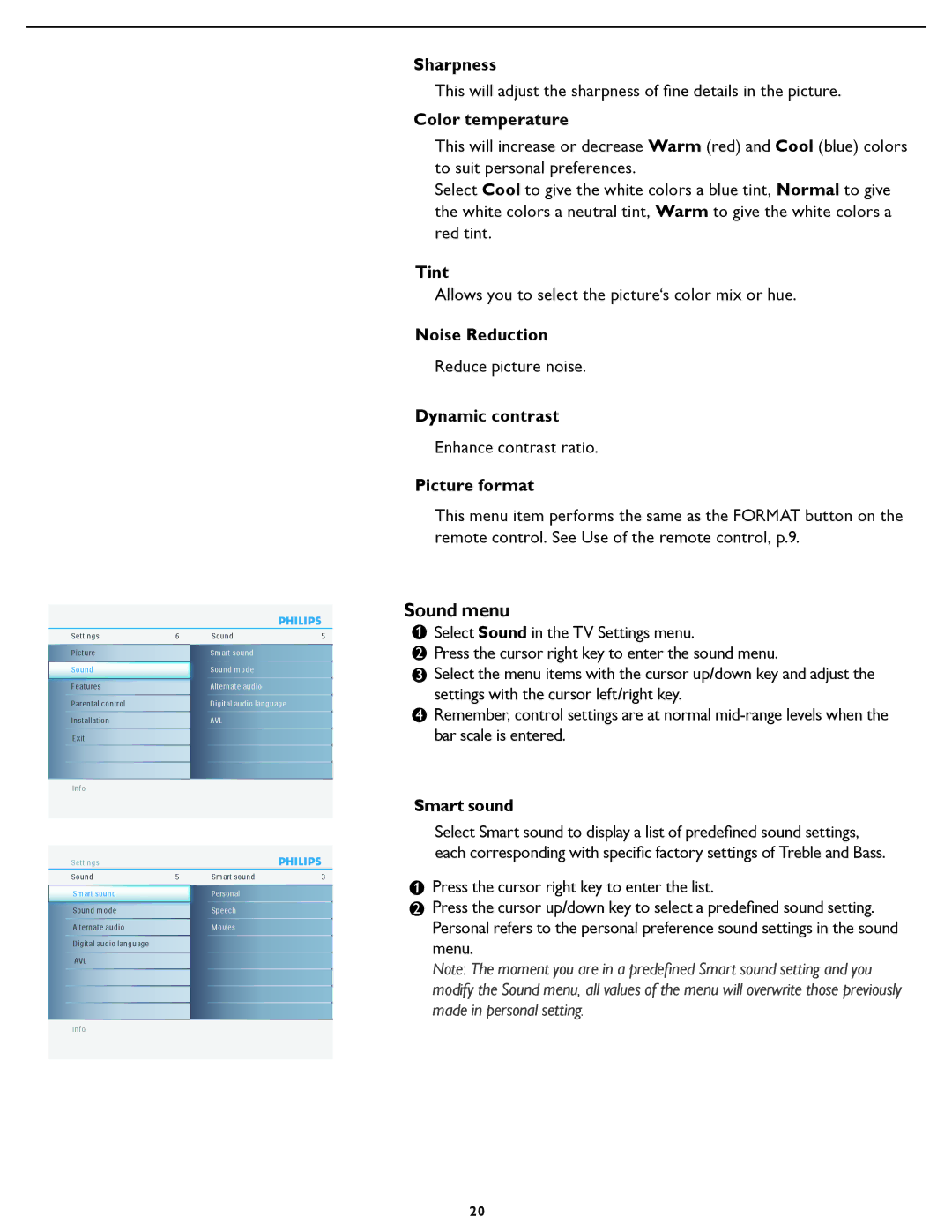 Philips 37PFL5322D manual Sound menu 