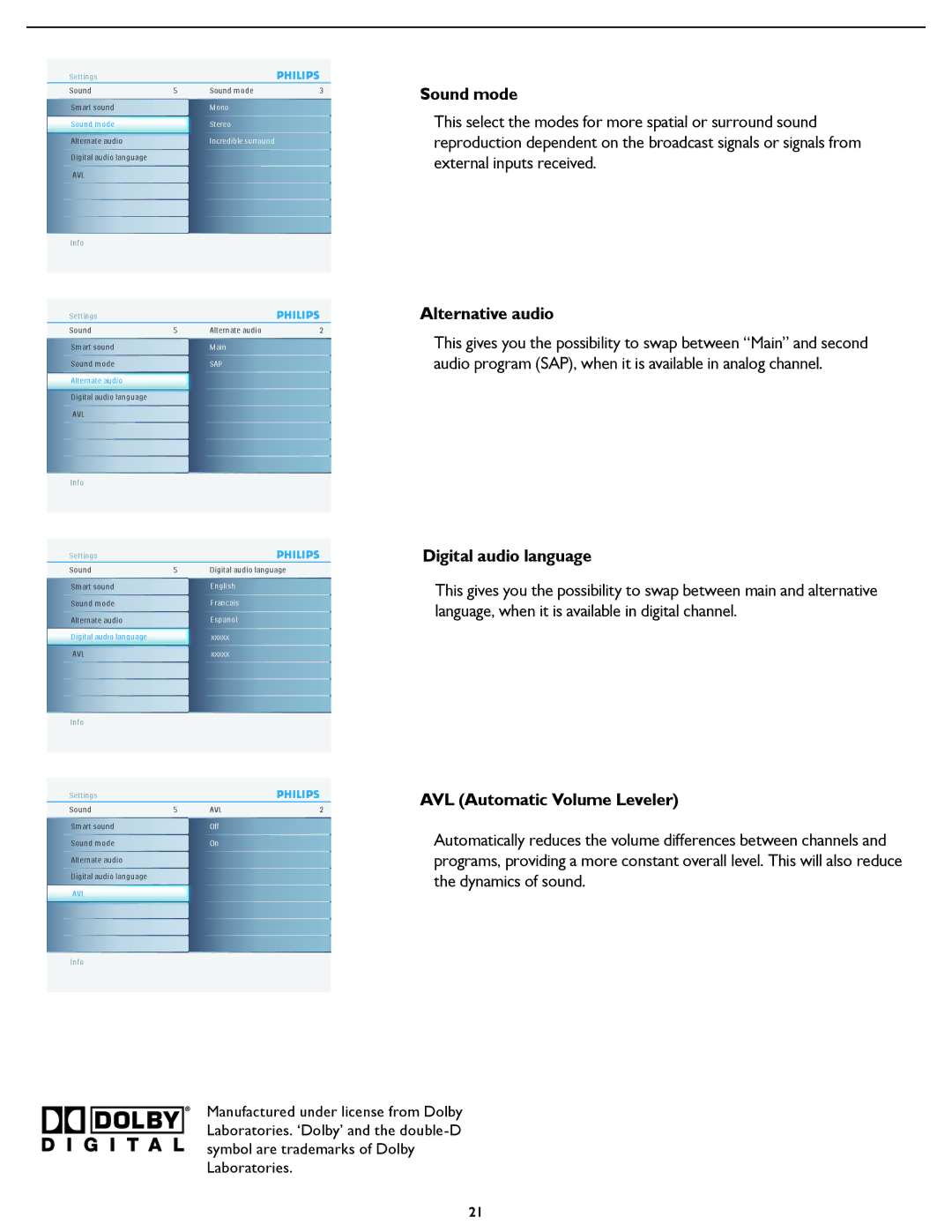 Philips 37PFL5322D manual Sound mode, Alternative audio, Digital audio language, AVL Automatic Volume Leveler 