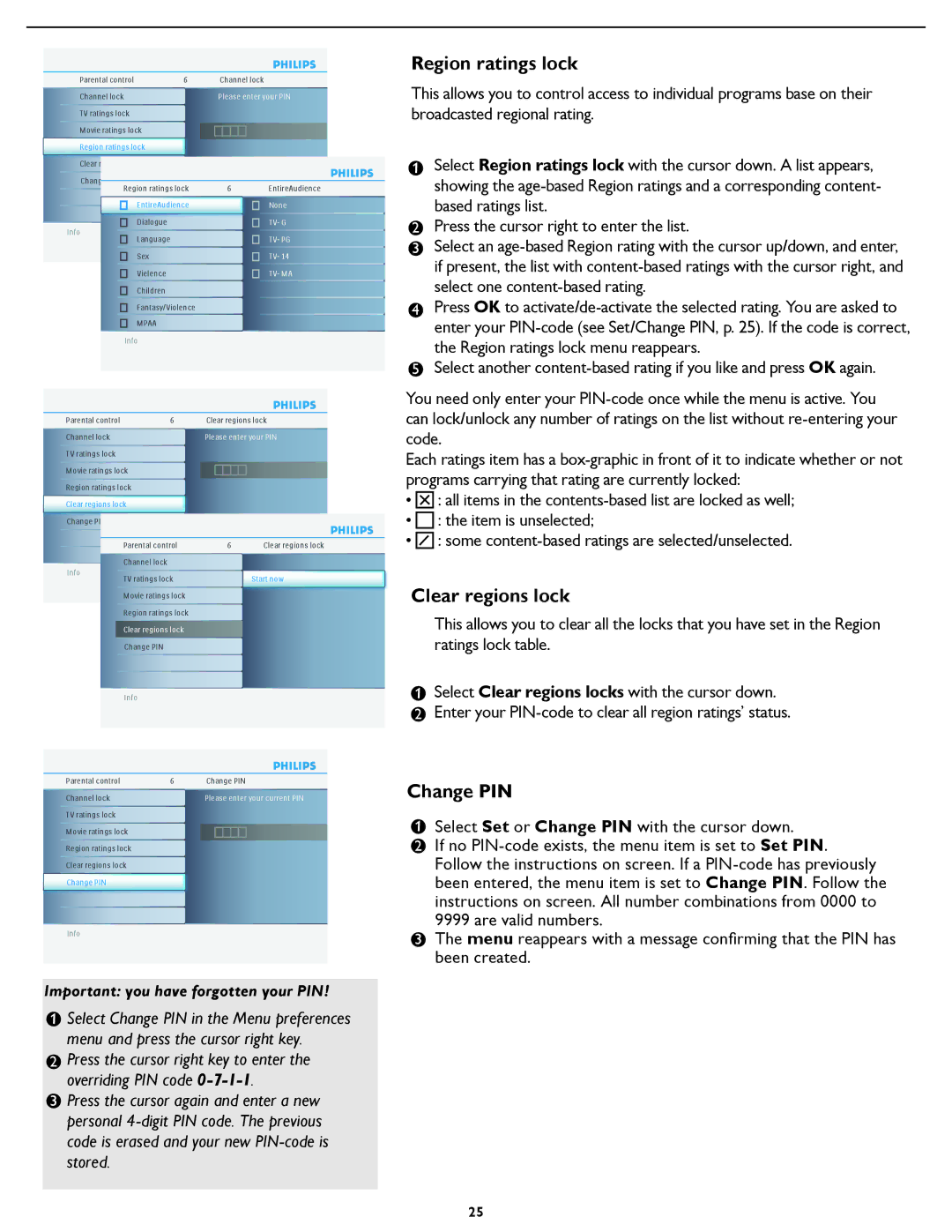 Philips 37PFL5322D manual Region ratings lock, Clear regions lock, Change PIN 