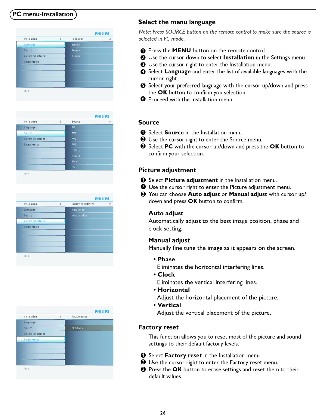 Philips 37PFL5322D manual PC menu-Installation, Picture adjustment, Manual adjust, Factory reset 