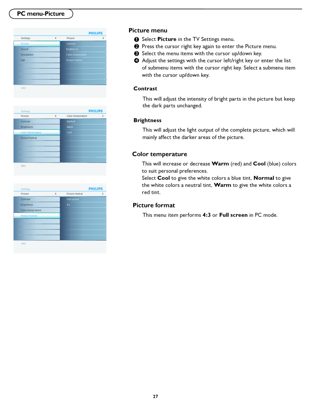 Philips 37PFL5322D manual PC menu-Picture, Color temperature, Picture format 