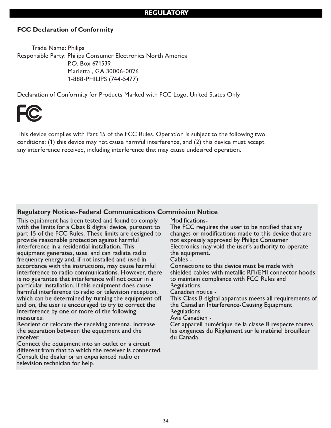 Philips 37PFL5322D manual FCC Declaration of Conformity, Regulatory Notices-Federal Communications Commission Notice 