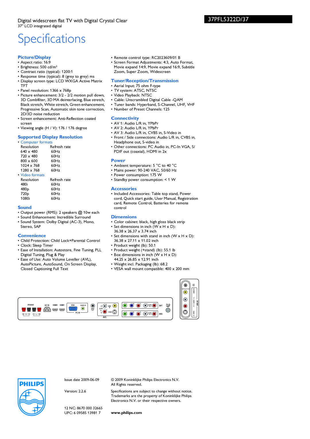 Philips 37PFL5322D/37B Picture/Display, Supported Display Resolution, Sound, Convenience, Tuner/Reception/Transmission 