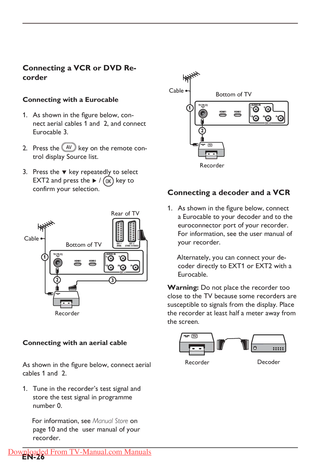 Philips 37PFL5322S Connecting a VCR or DVD Re- corder, Connecting a decoder and a VCR, EN-26, Connecting with a Eurocable 