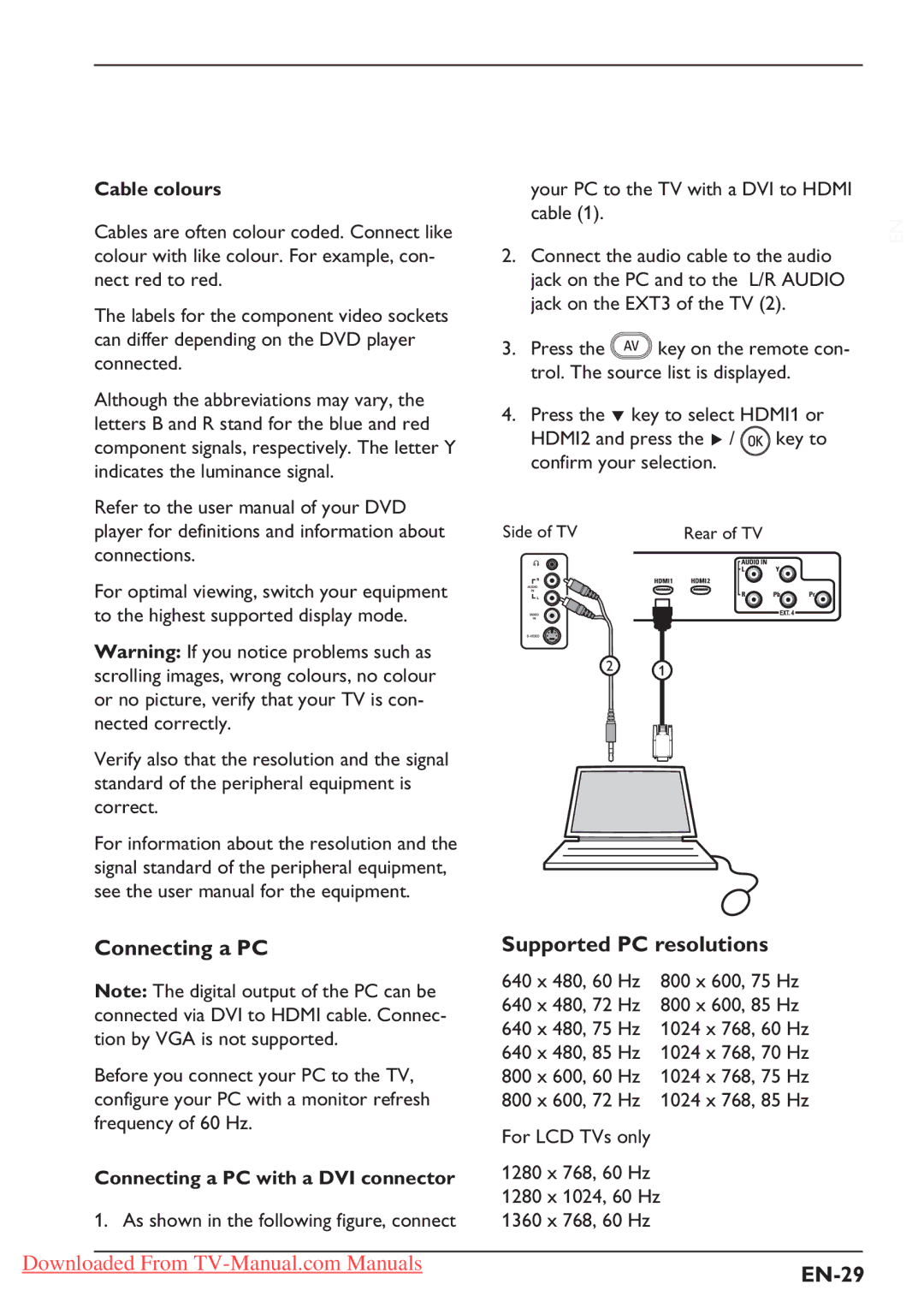 Philips 26PFL3312S, 37PFL5322S Supported PC resolutions, EN-29, Cable colours, Connecting a PC with a DVI connector 