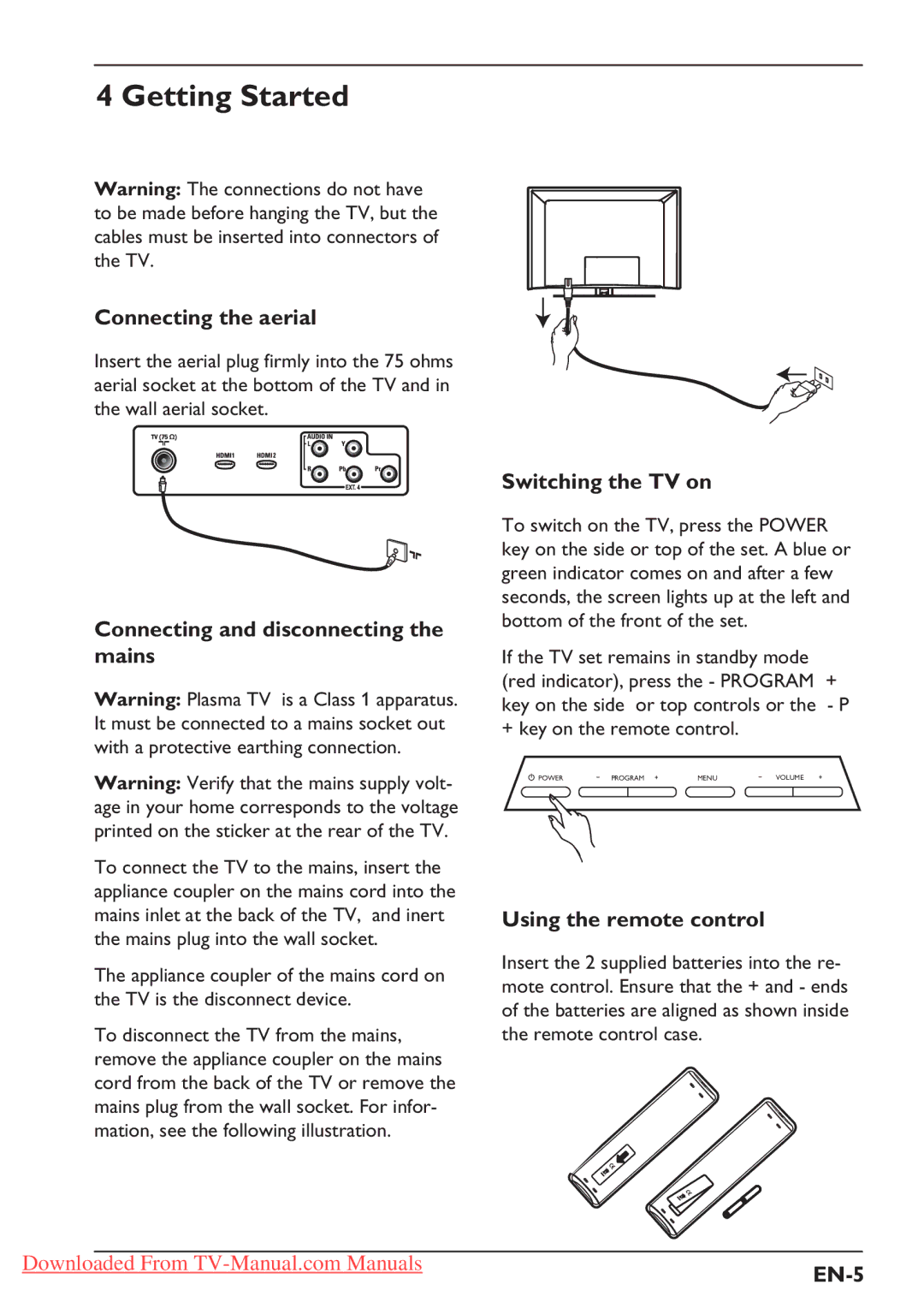 Philips 42PFL5322S Getting Started, Connecting and disconnecting the mains, Switching the TV on, Using the remote control 