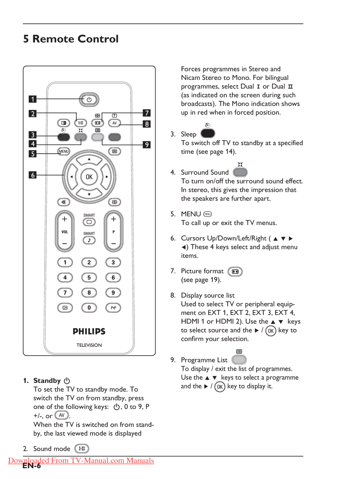 Philips 37PFL5322S, 32PFL3312S, 26PFL5322S, 26PFL3312S, 26PFL7332S Remote Control, EN-6, Standby, +/-, or, Sound mode 