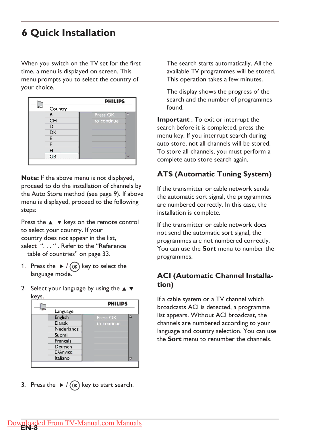 Philips 26PFL5322S, 37PFL5322S Quick Installation, ATS Automatic Tuning System, ACI Automatic Channel Installa- tion, EN-8 