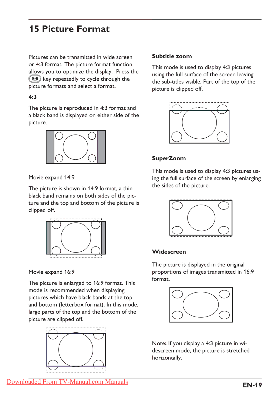 Philips 26PFL3312S, 37PFL5322S, 32PFL3312S, 26PFL5322S user manual Picture Format, EN-19, Subtitle zoom, SuperZoom, Widescreen 