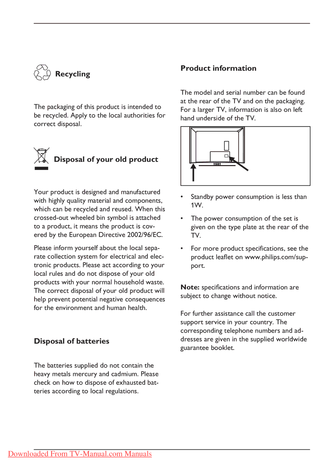 Philips 26PFL3312S, 37PFL5322S Recycling Product information, Disposal of your old product, Disposal of batteries 