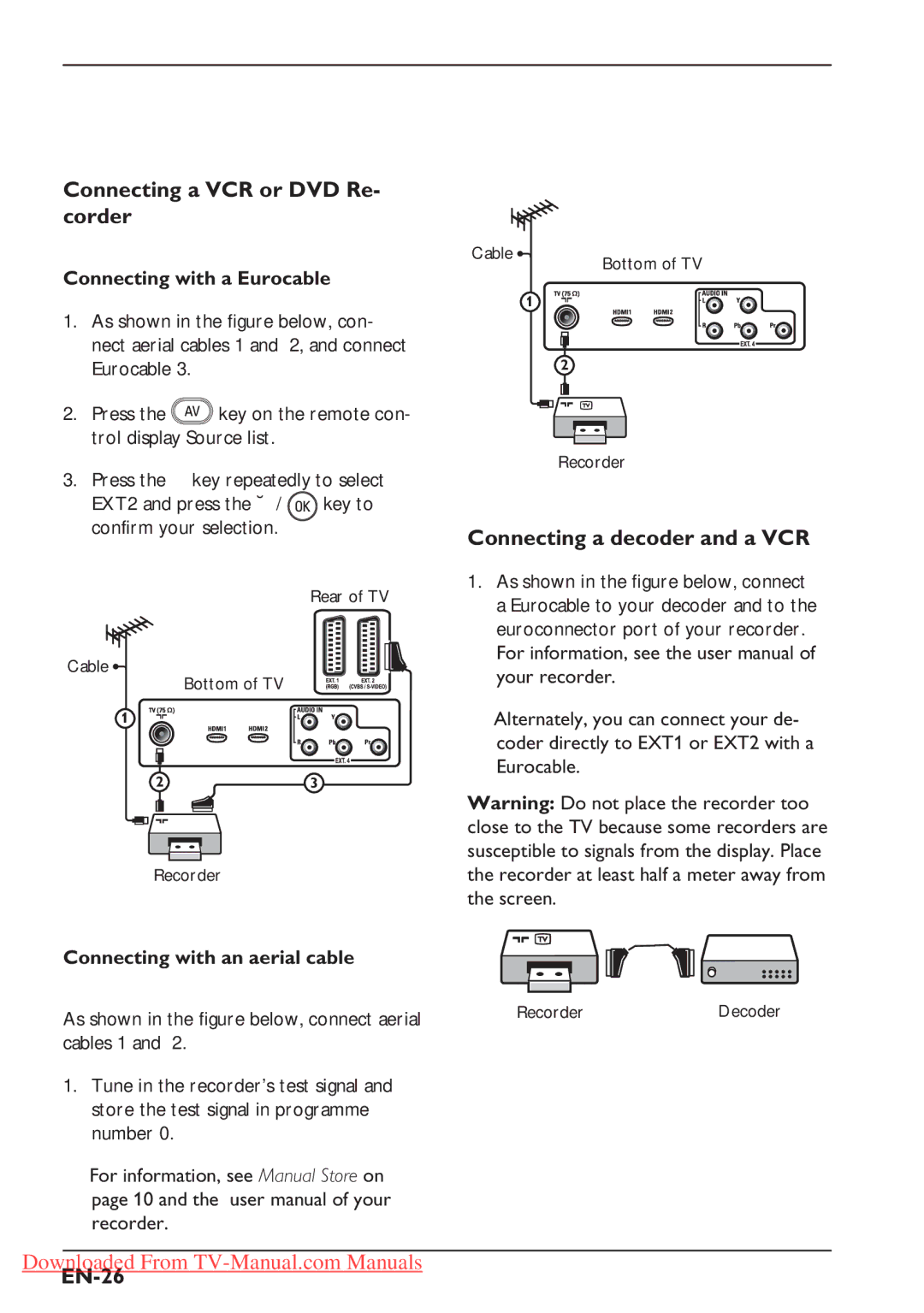 Philips 37PFL5322S Connecting a VCR or DVD Re- corder, Connecting a decoder and a VCR, EN-26, Connecting with a Eurocable 