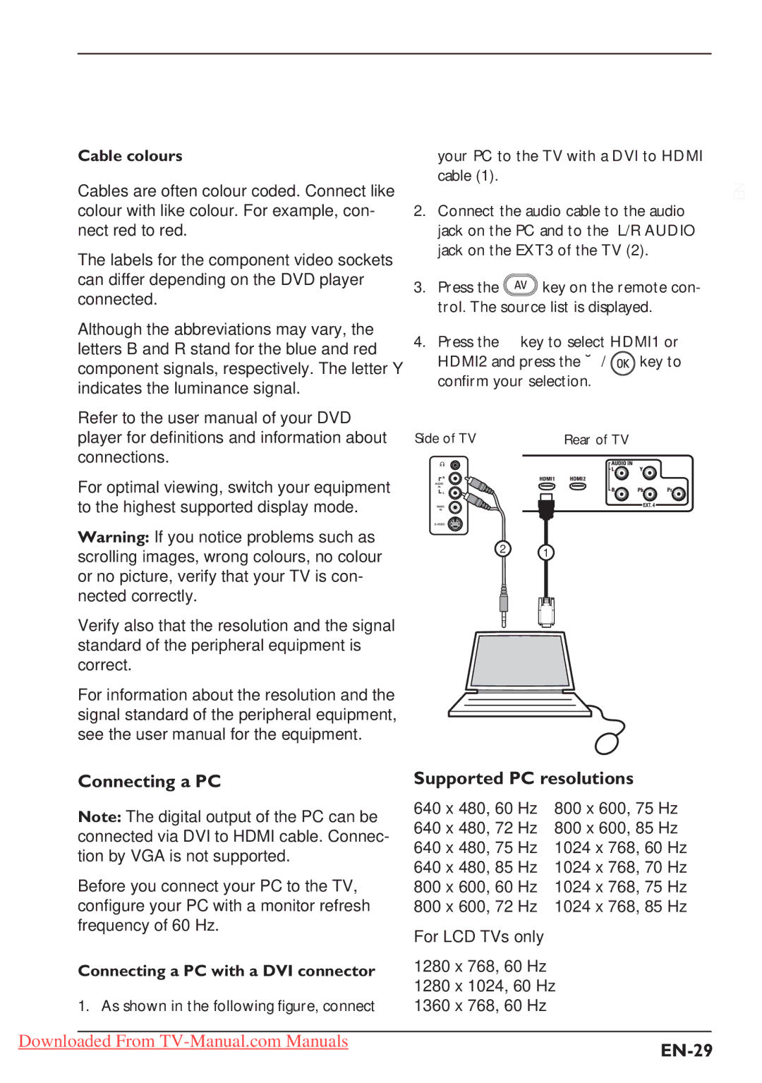 Philips 26PFL3312S, 37PFL5322S Supported PC resolutions, EN-29, Cable colours, Connecting a PC with a DVI connector 