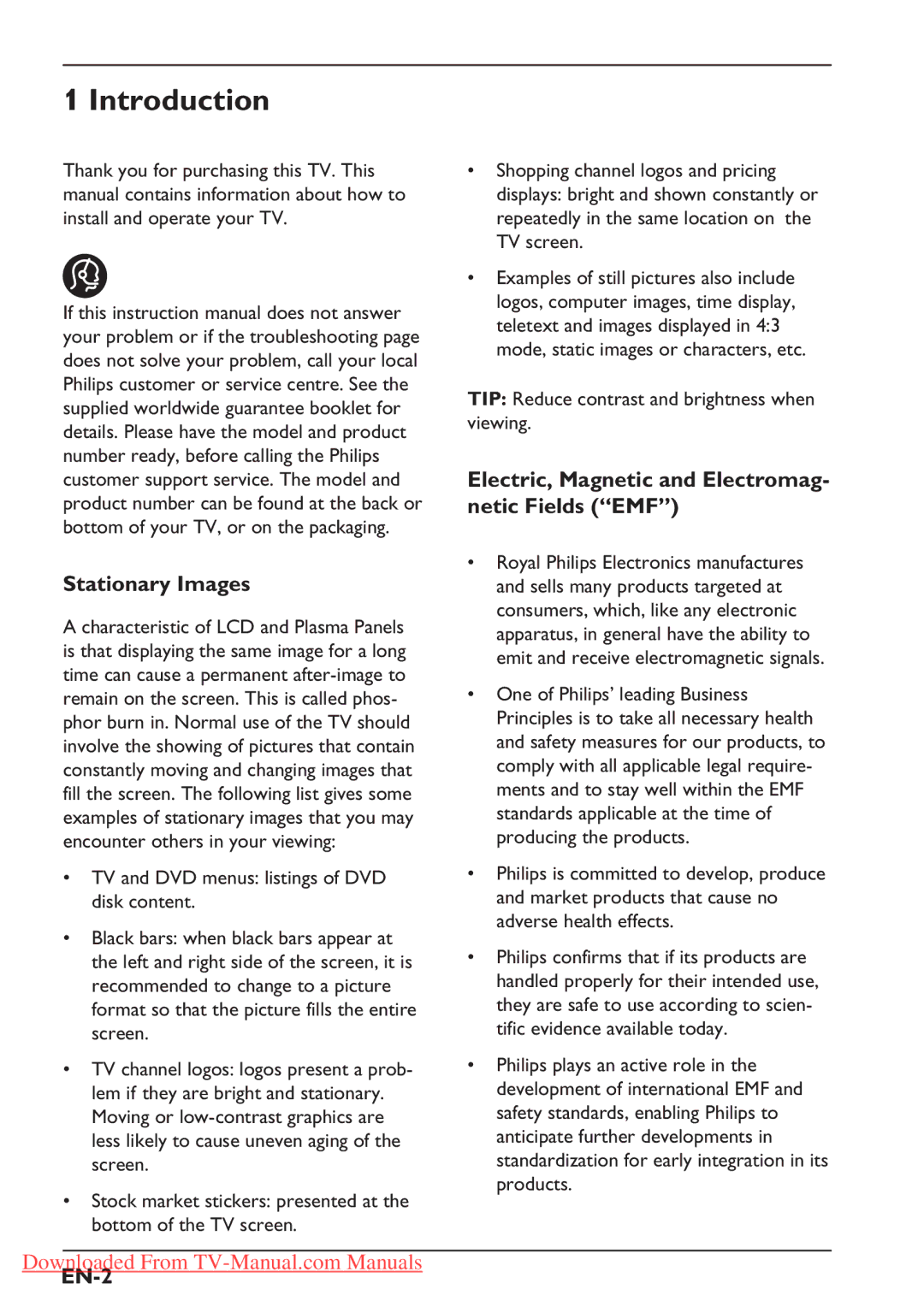 Philips 32PFL5332S, 37PFL5322S Introduction, Stationary Images, Electric, Magnetic and Electromag- netic Fields EMF, EN-2 