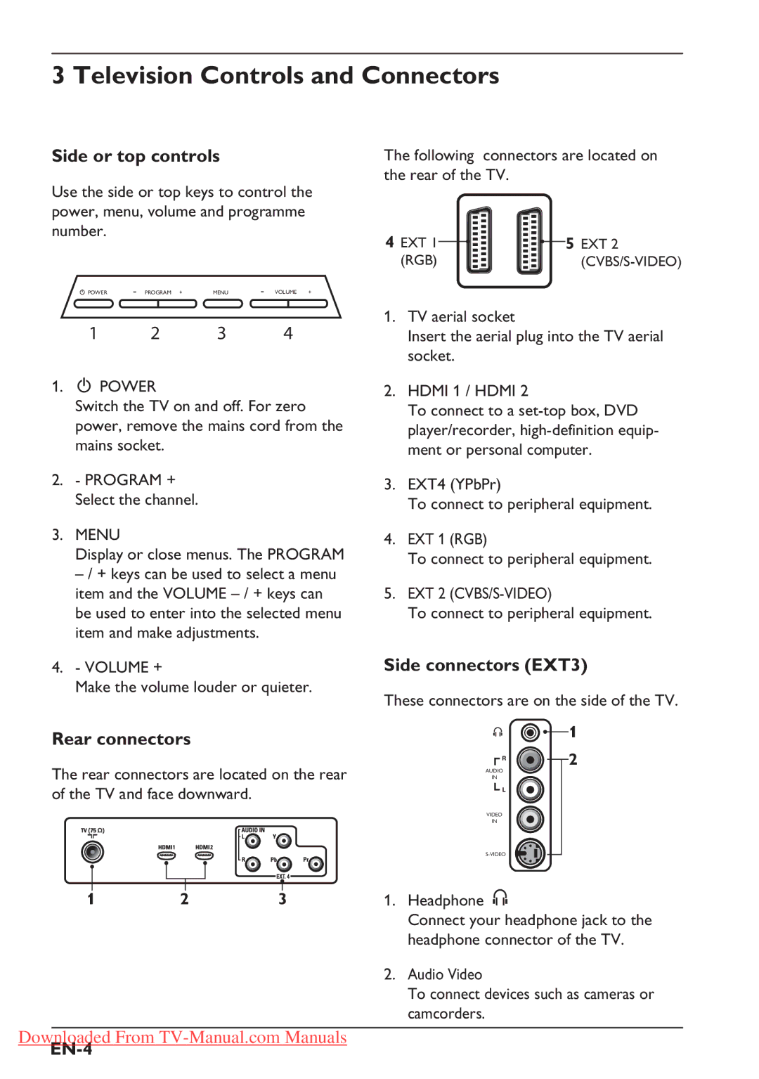 Philips 42PFL3312S Television Controls and Connectors, Side or top controls, Rear connectors, Side connectors EXT3, EN-4 